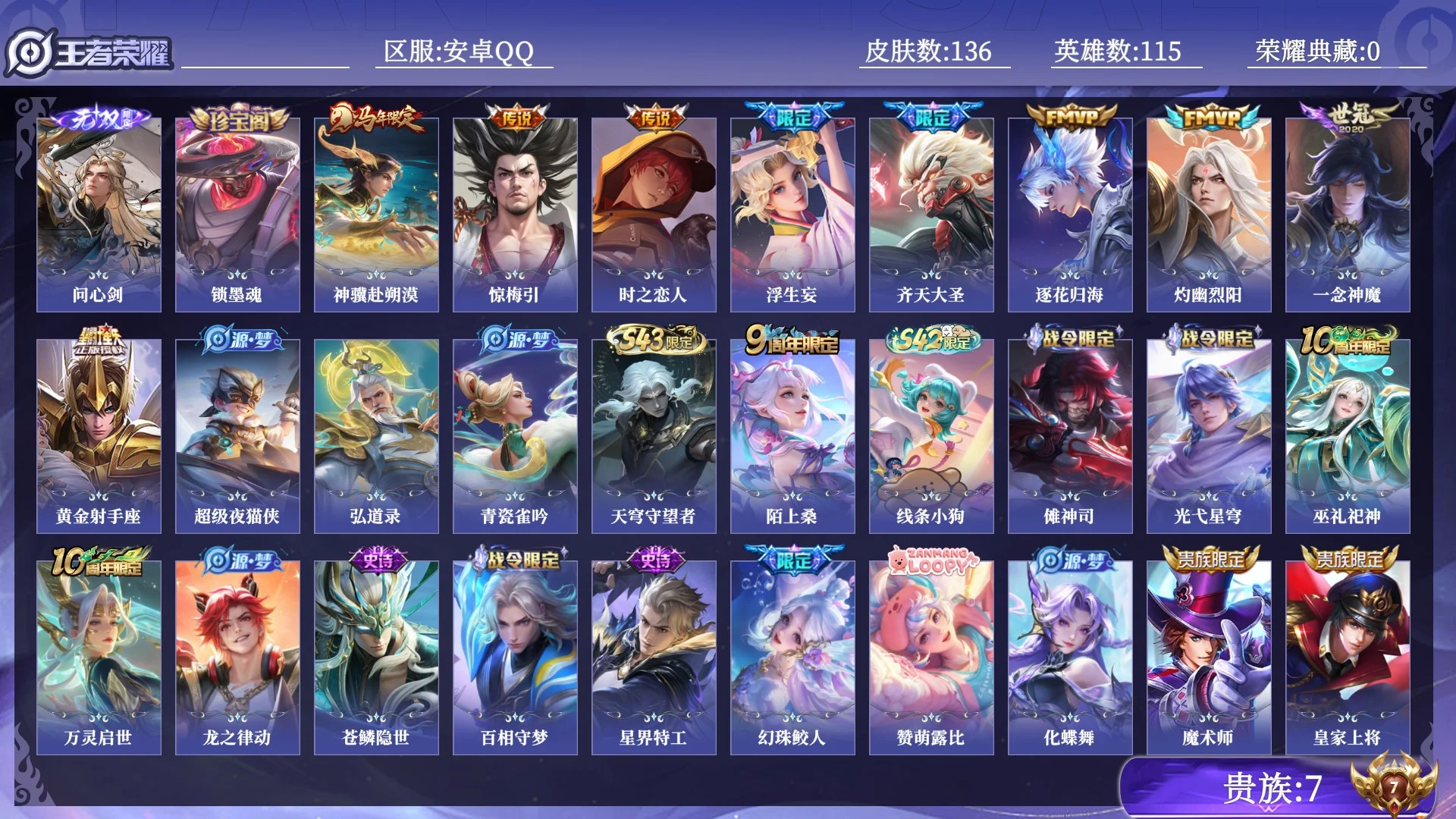 王者荣耀账号安卓QQ贵族7 无双1 传说皮肤9 史诗皮肤48 皮肤数量136 皮肤价值:94444 英雄115 非凡王者 总场次2117