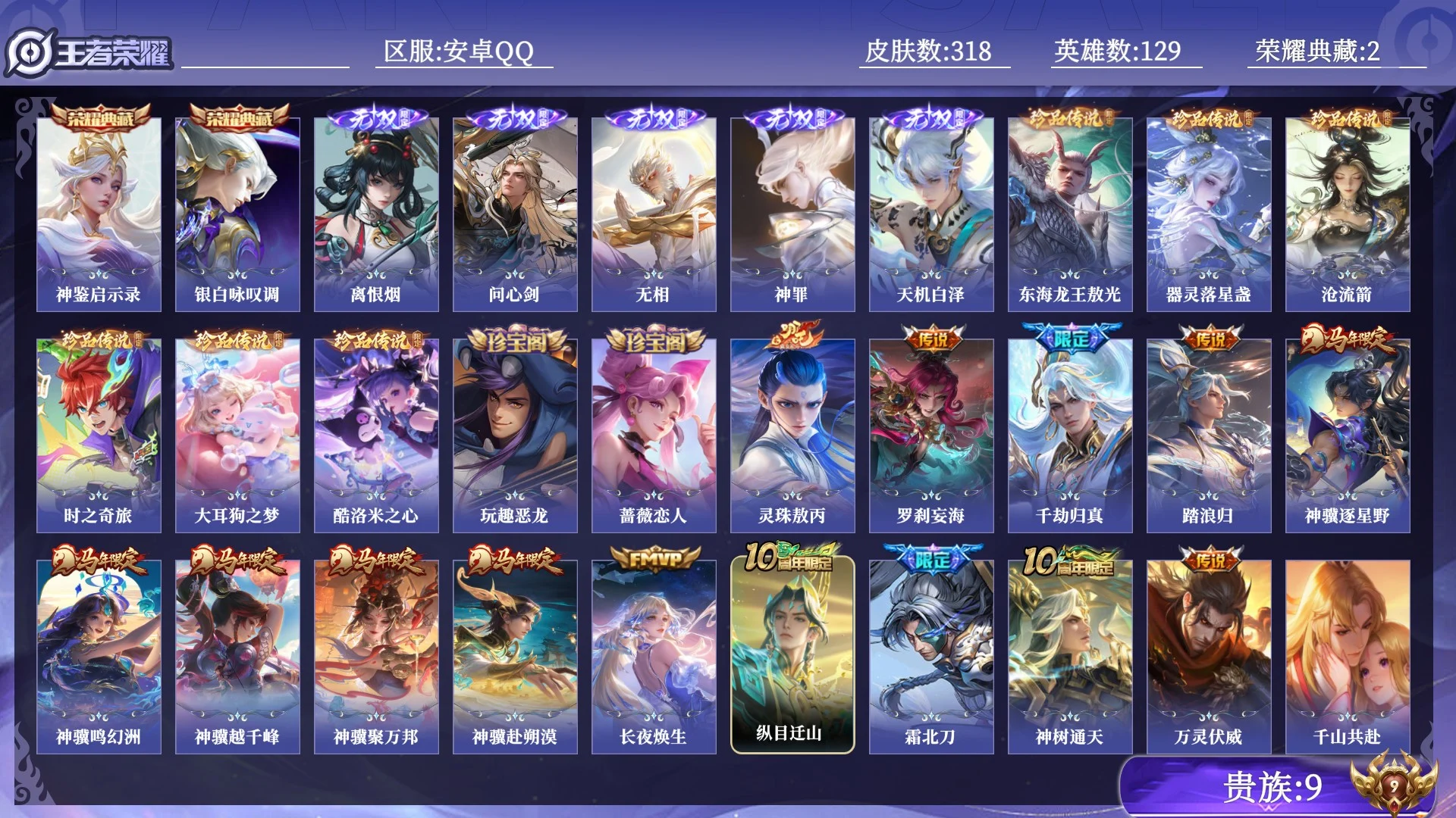 王者荣耀账号安卓QQ贵族9 荣耀典藏2 无双5 珍品传说6 传说皮肤39 史诗皮肤89 皮肤数量318 皮肤价值:263604 英雄129 无双王者 总场次6069