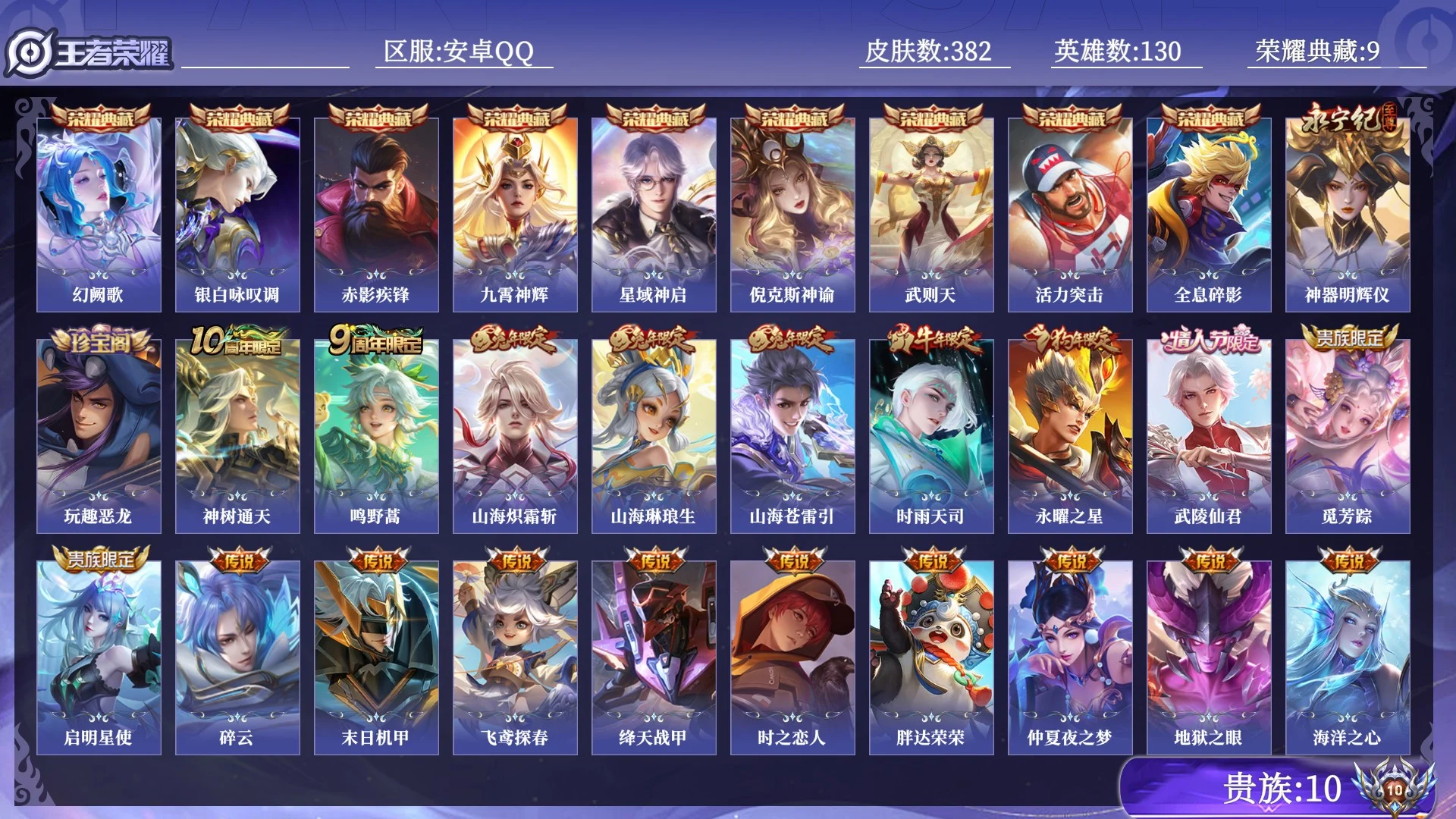 王者荣耀账号安卓QQ贵族10 荣耀典藏9 无双1 传说皮肤37 史诗皮肤110 皮肤数量382 皮肤价值:425648 英雄130 永恒钻石V 总场次6036
