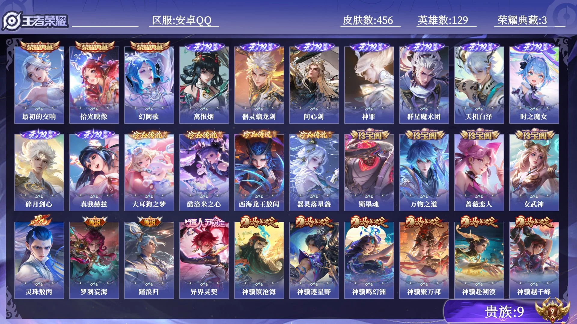 王者荣耀账号安卓QQ贵族9 荣耀典藏3 无双9 珍品传说4 传说皮肤45 史诗皮肤127 皮肤数量456 皮肤价值:369128 英雄129 最强王者 总场次17926