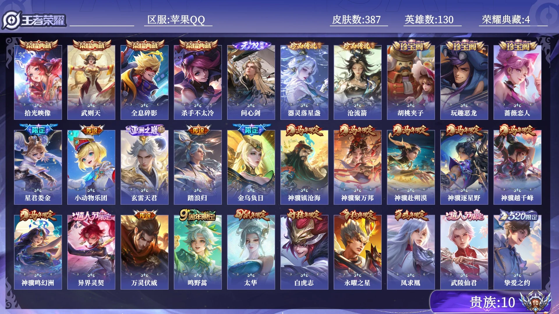 王者荣耀账号苹果QQ贵族10 荣耀典藏4 无双1 珍品传说2 传说皮肤37 史诗皮肤97 皮肤数量387 皮肤价值:321280 英雄130 至尊星耀II 总场次24352