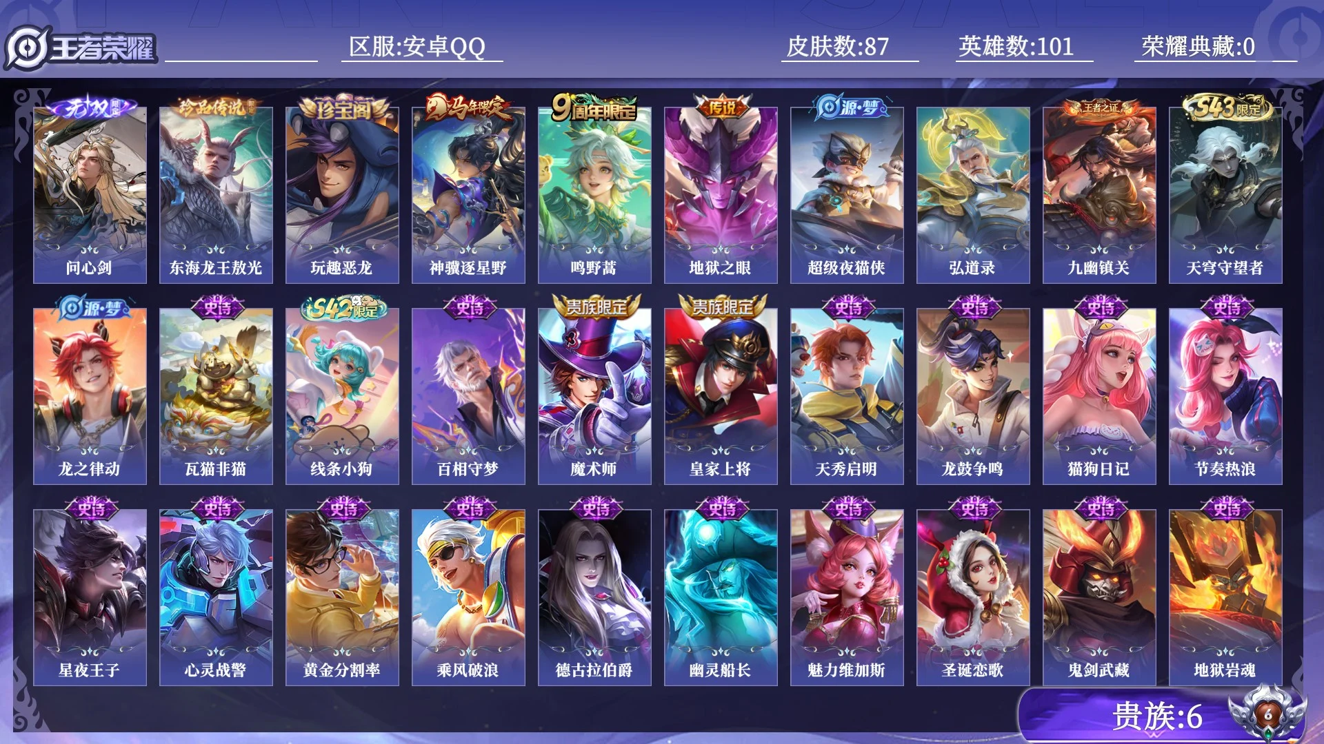 王者荣耀账号安卓QQ贵族6 无双1 珍品传说1 传说皮肤3 史诗皮肤29 皮肤数量87 皮肤价值:57672 英雄101 至尊星耀V 总场次1301