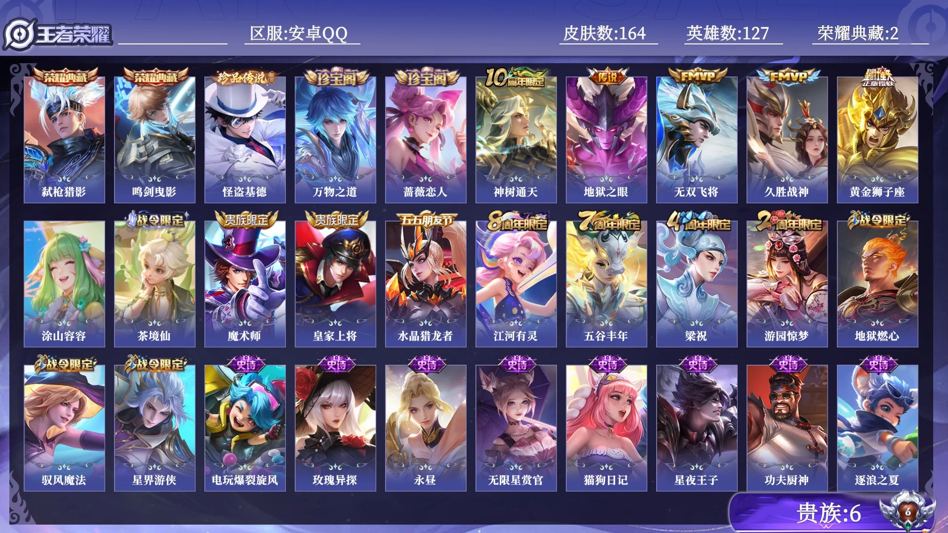 王者荣耀账号安卓QQ贵族6 荣耀典藏2 珍品传说1 传说皮肤5 史诗皮肤42 皮肤数量164 皮肤价值:136232 英雄127 尊贵铂金I 总场次4324
