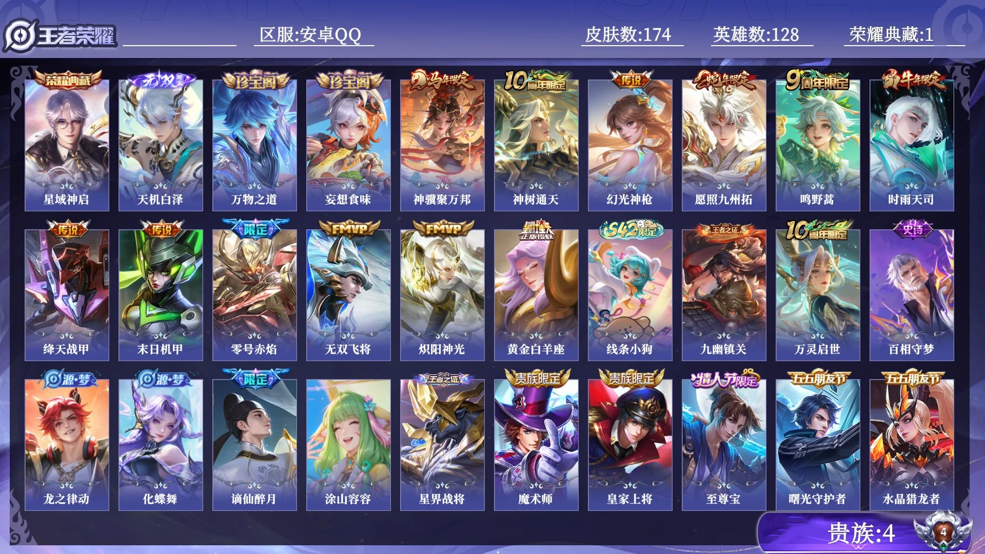 王者荣耀账号安卓QQ贵族4 荣耀典藏1 无双1 传说皮肤12 史诗皮肤37 皮肤数量174 皮肤价值:130008 英雄128 永恒钻石V 总场次2910