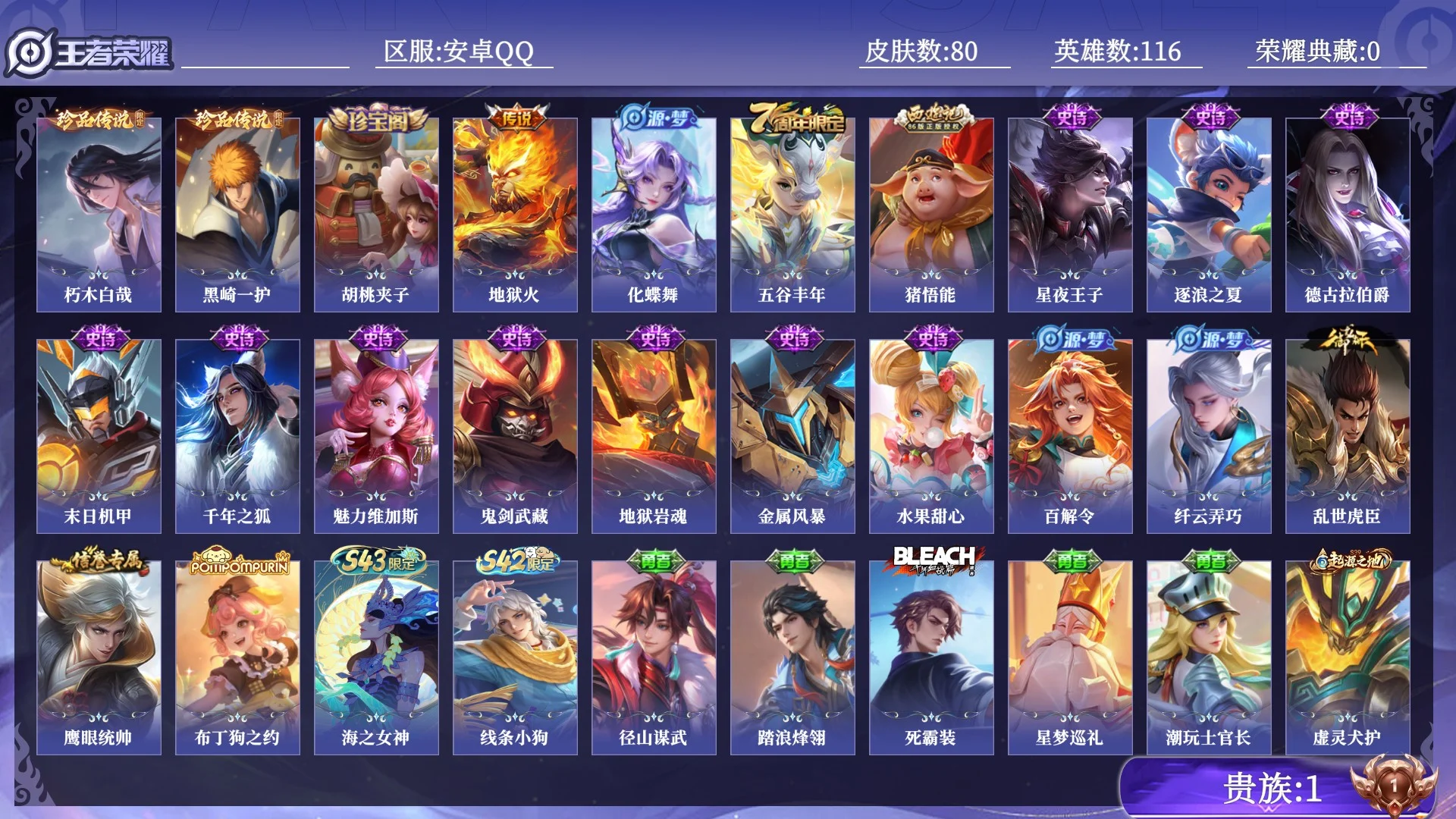 王者荣耀账号安卓QQ贵族1 珍品传说2 传说皮肤1 史诗皮肤17 皮肤数量80 皮肤价值:42636 英雄116 荣耀黄金IV 总场次1399
