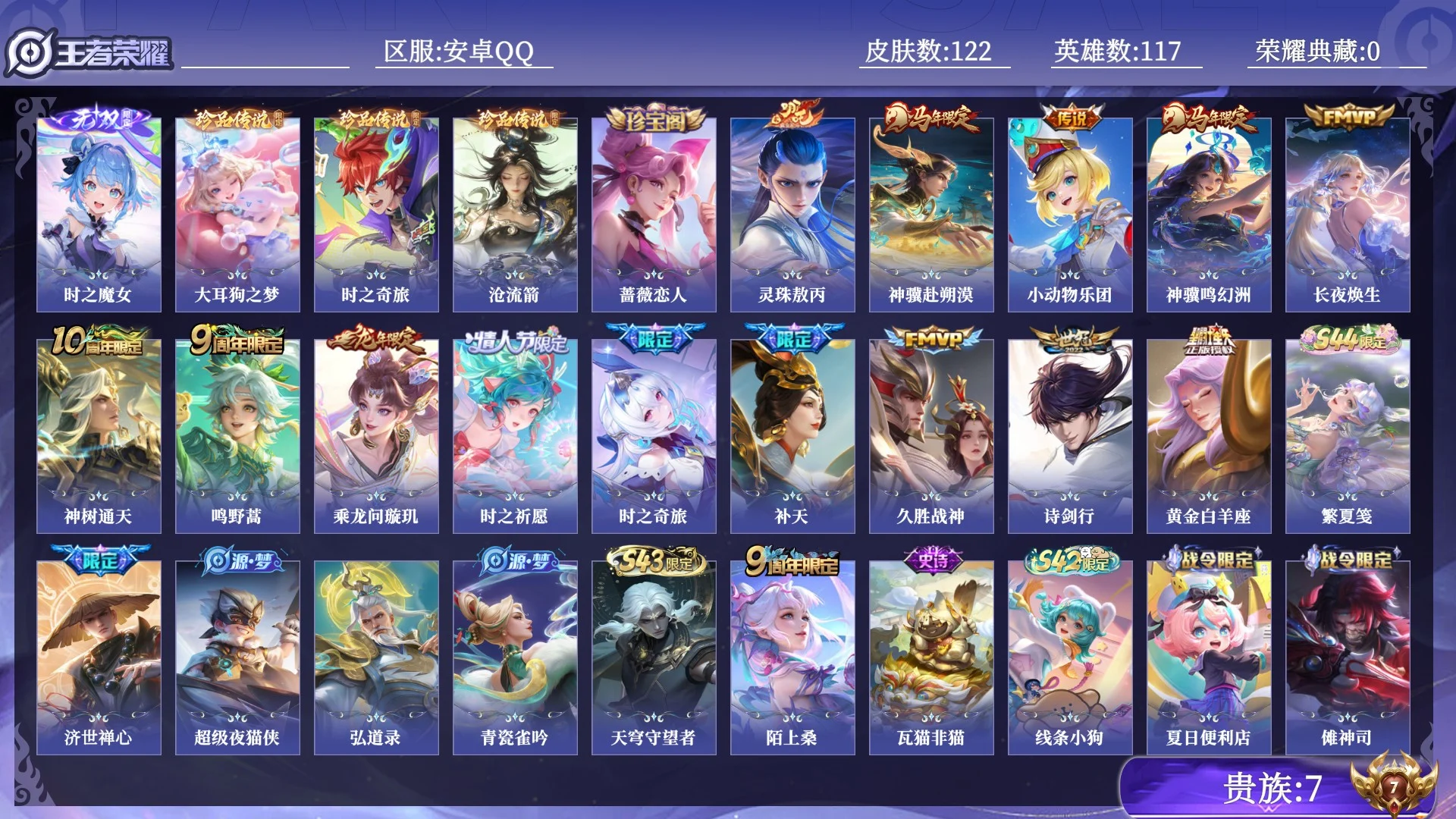 王者荣耀账号安卓QQ贵族7 无双1 珍品传说3 传说皮肤14 史诗皮肤38 皮肤数量122 皮肤价值:87284 英雄117 至尊星耀V 总场次5007