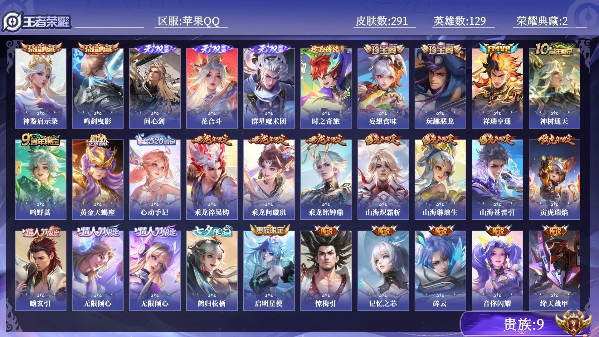王者荣耀账号苹果QQ贵族9 荣耀典藏2 无双3 珍品传说1 传说皮肤38 史诗皮肤98 皮肤数量291 皮肤价值:263444 英雄129 至尊星耀IV 总场次5863