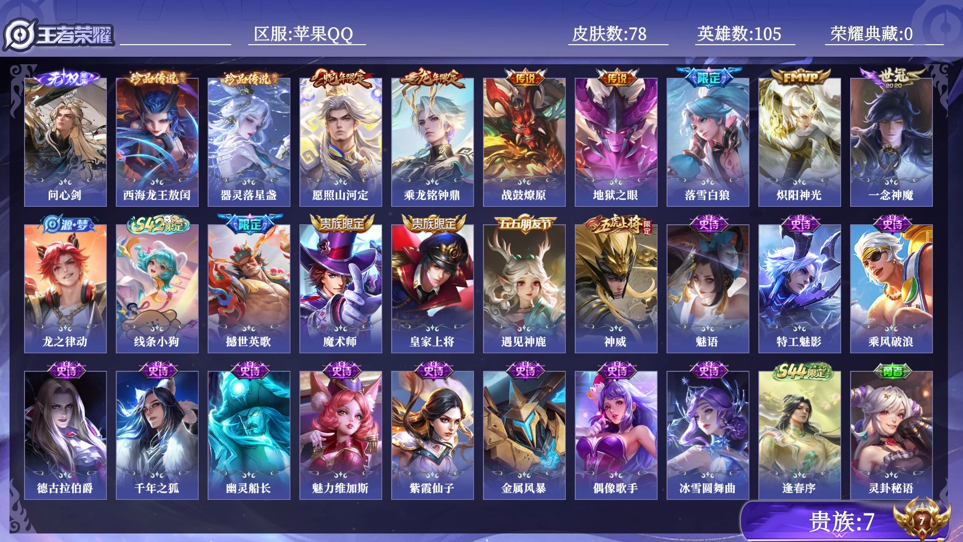 王者荣耀账号苹果QQ贵族7 无双1 珍品传说2 传说皮肤7 史诗皮肤18 皮肤数量78 皮肤价值:49192 英雄105 至尊星耀IV 总场次1658
