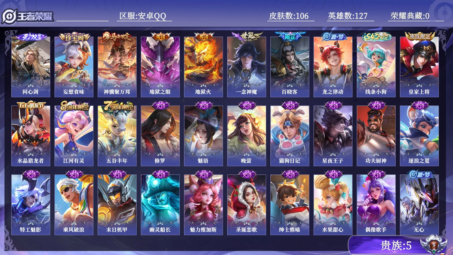 王者荣耀账号安卓QQ贵族5 无双1 传说皮肤4 史诗皮肤26 皮肤数量106 皮肤价值:63132 英雄127 尊贵铂金II 总场次2482
