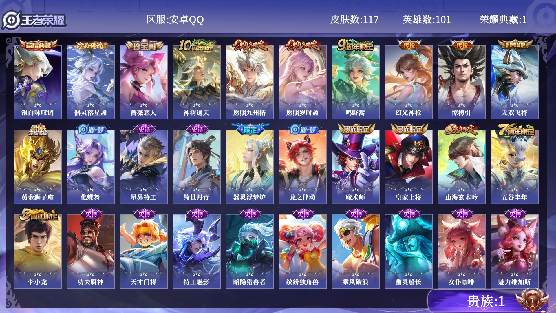 王者荣耀账号安卓QQ贵族1 荣耀典藏1 珍品传说1 传说皮肤8 史诗皮肤29 皮肤数量117 皮肤价值:95112 英雄101 尊贵铂金IV 总场次2822