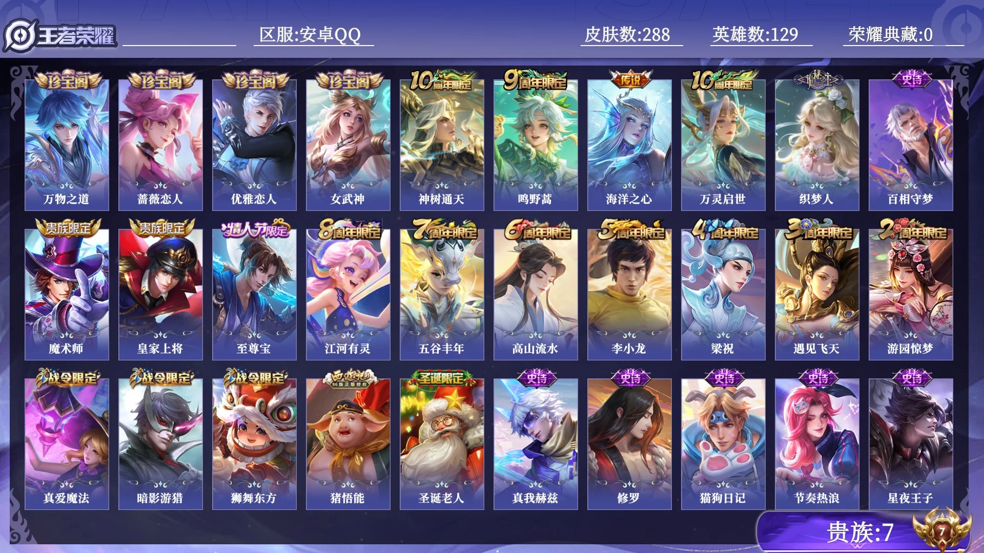 王者荣耀账号安卓QQ贵族7 传说皮肤3 史诗皮肤52 皮肤数量288 皮肤价值:158892 英雄129 荣耀黄金IV 总场次6715