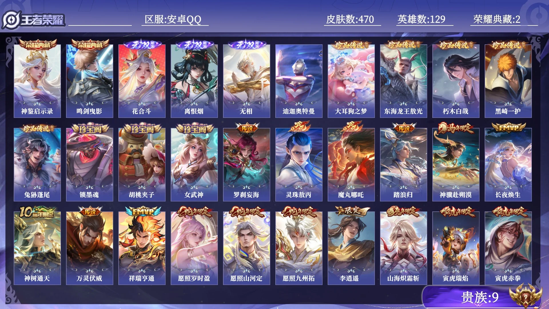 王者荣耀账号安卓QQ贵族9 荣耀典藏2 无双3 珍品传说6 传说皮肤50 史诗皮肤156 皮肤数量470 皮肤价值:385278 英雄129 非凡王者 总场次13650