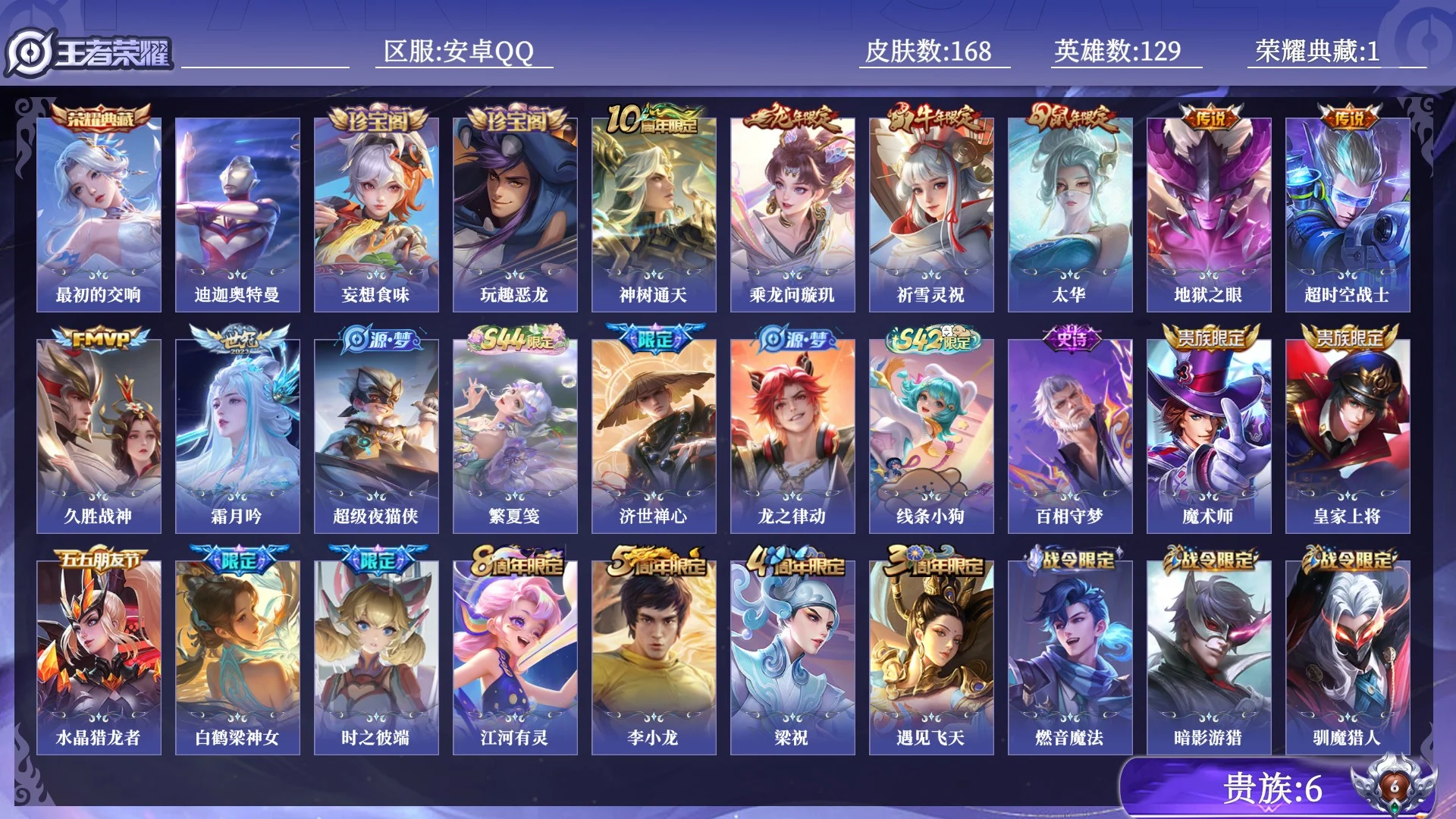 王者荣耀账号安卓QQ贵族6 荣耀典藏1 珍品传说1 传说皮肤8 史诗皮肤41 皮肤数量168 皮肤价值:129836 英雄129 绝世王者 总场次5065