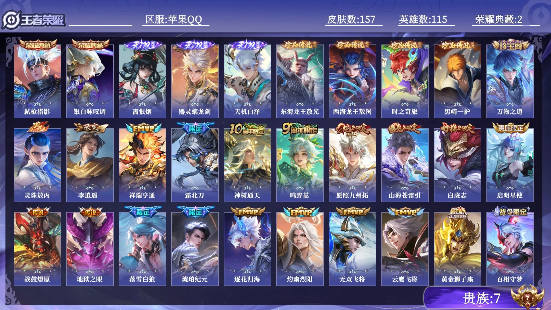 王者荣耀账号苹果QQ贵族7 荣耀典藏2 无双3 珍品传说4 传说皮肤19 史诗皮肤50 皮肤数量157 皮肤价值:154716 英雄115 至尊星耀IV 总场次2347