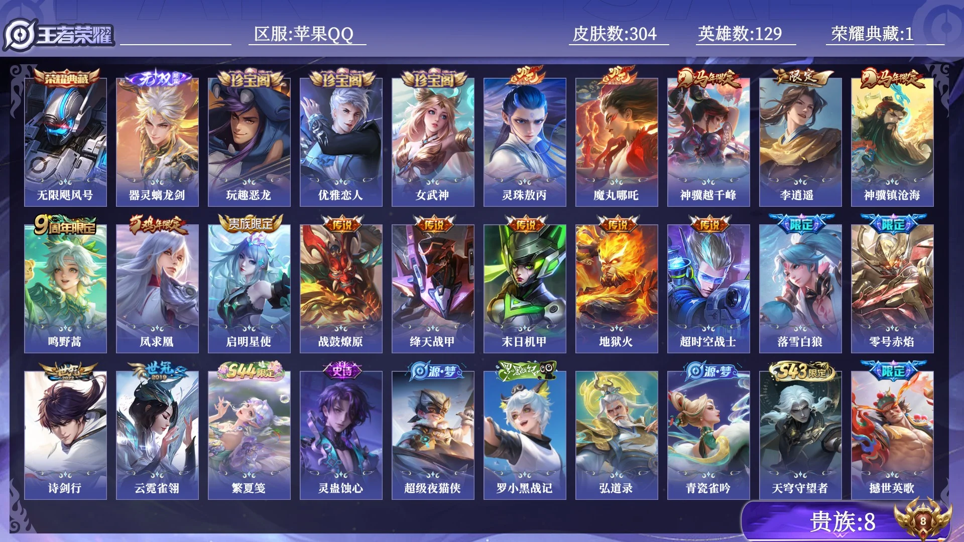 王者荣耀账号苹果QQ贵族8 荣耀典藏1 无双1 传说皮肤17 史诗皮肤92 皮肤数量304 皮肤价值:220856 英雄129 至尊星耀V 总场次8794