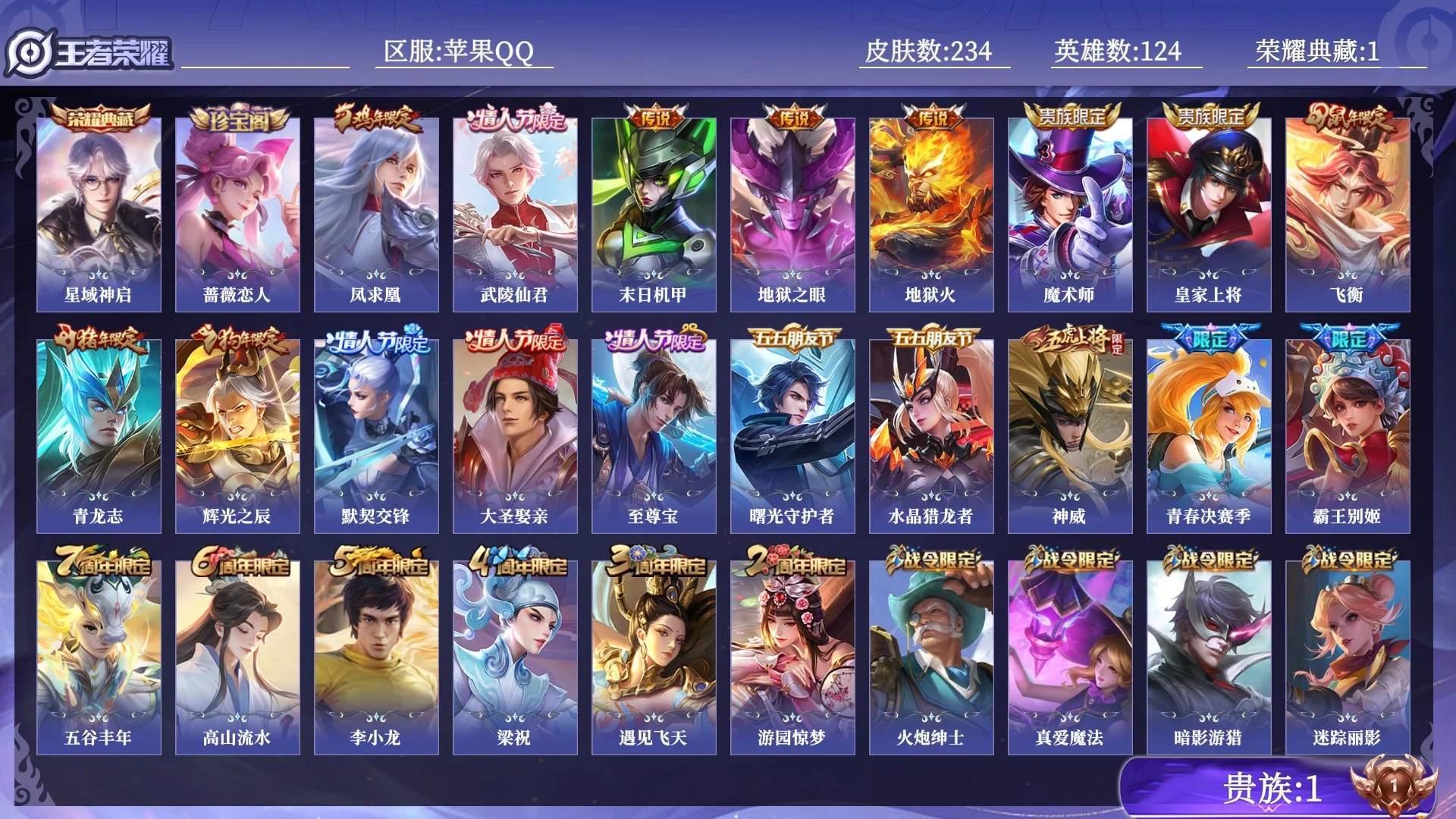 王者荣耀账号苹果QQ贵族1 荣耀典藏1 传说皮肤5 史诗皮肤65 皮肤数量234 皮肤价值:159006 英雄124 秩序白银II 总场次12075