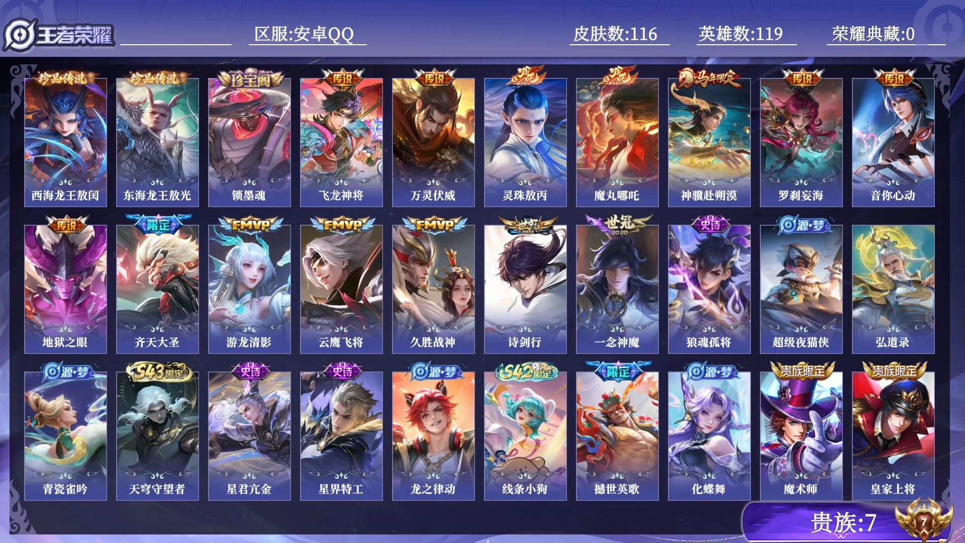 王者荣耀账号安卓QQ贵族7 珍品传说2 传说皮肤14 史诗皮肤28 皮肤数量116 皮肤价值:80432 英雄119 永恒钻石IV 总场次2332