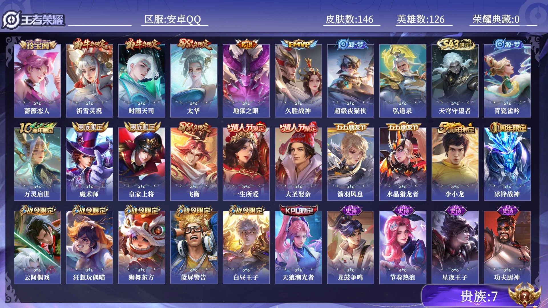 王者荣耀账号安卓QQ贵族7 传说皮肤5 史诗皮肤36 皮肤数量146 皮肤价值:83836 英雄126 永恒钻石IV 总场次2507
