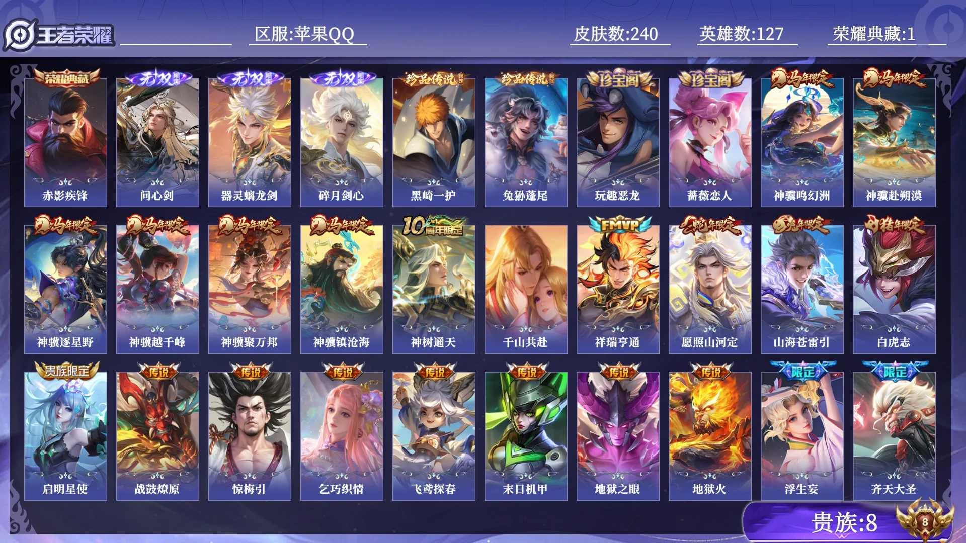 王者荣耀账号苹果QQ贵族8 荣耀典藏1 无双3 珍品传说2 传说皮肤31 史诗皮肤67 皮肤数量240 皮肤价值:192384 英雄127 永恒钻石II 总场次4303