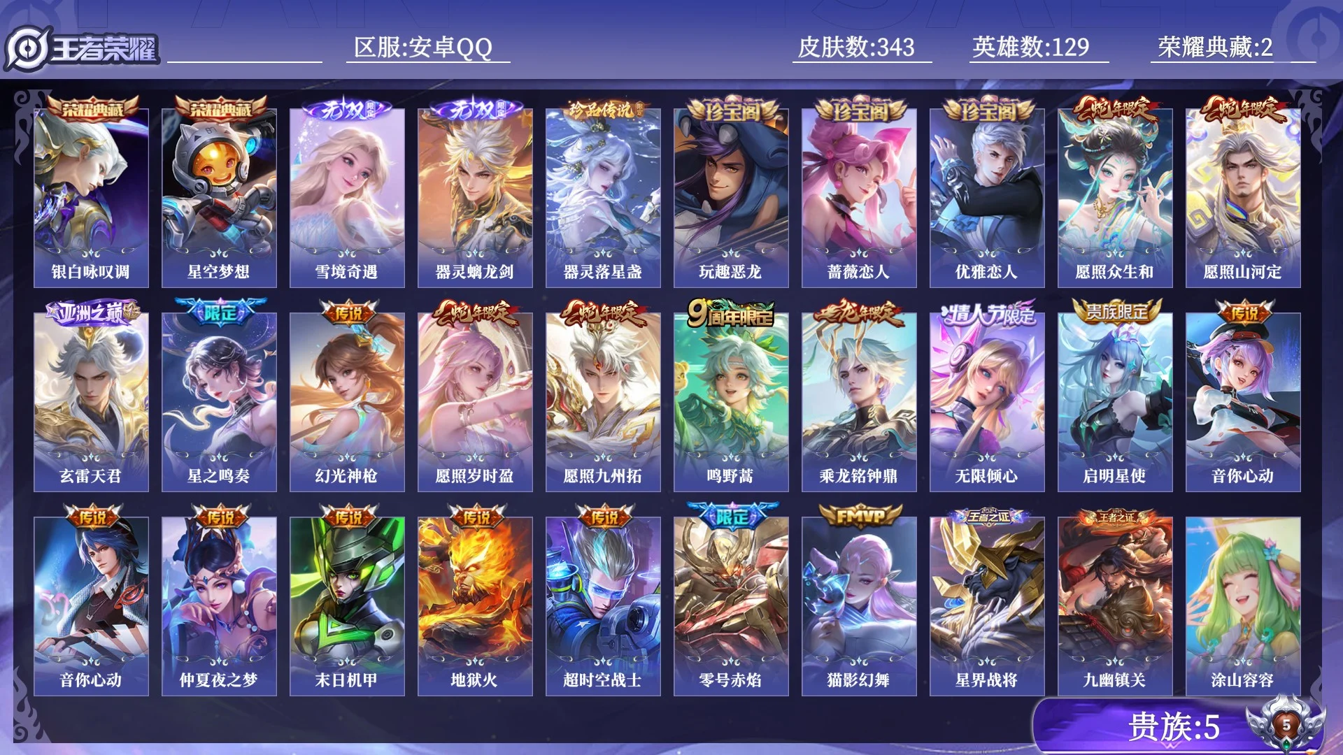 王者荣耀账号安卓QQ贵族5 荣耀典藏2 无双2 珍品传说1 传说皮肤19 史诗皮肤82 皮肤数量343 皮肤价值:250480 英雄129 尊贵铂金IV 总场次13991