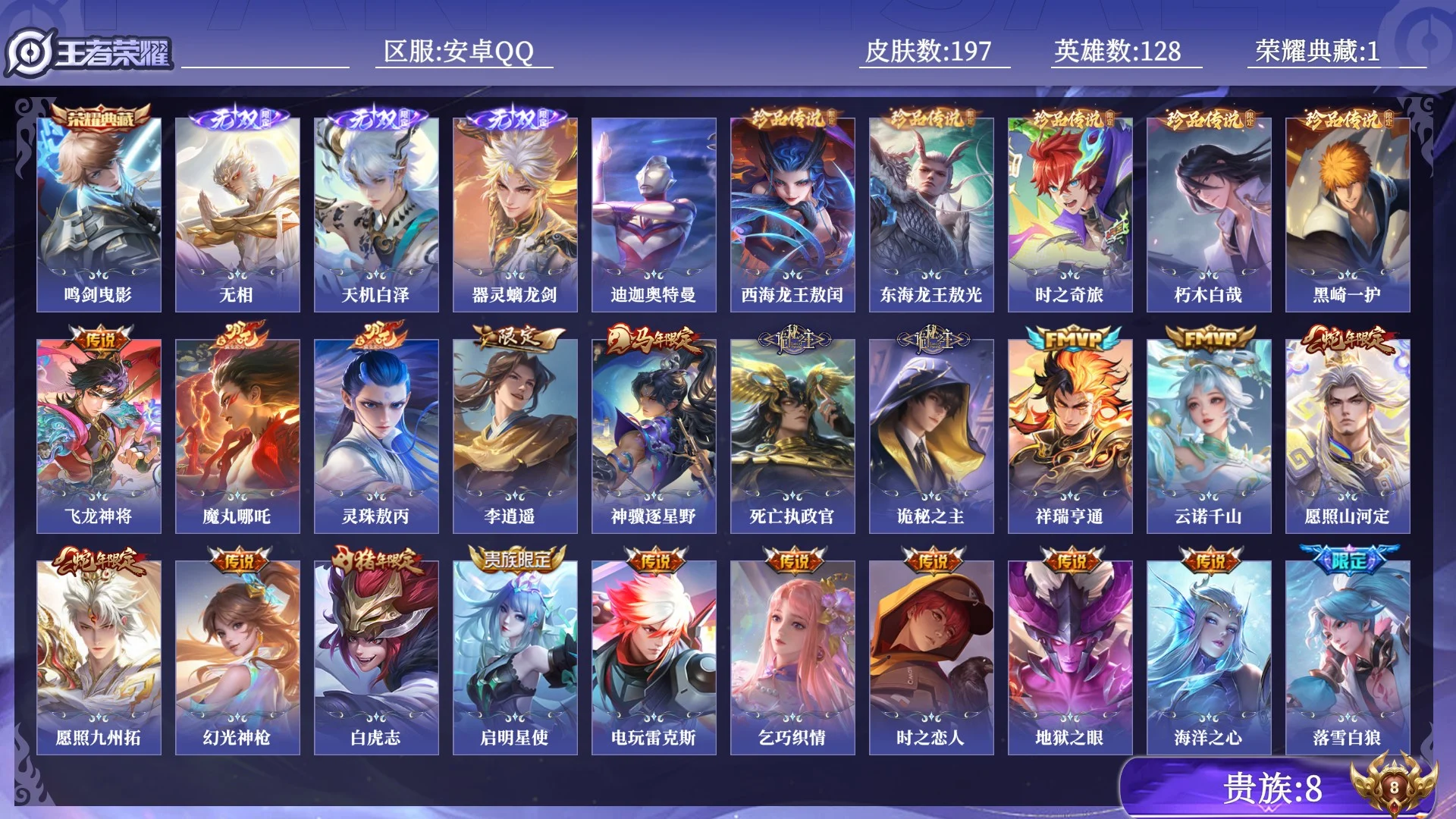 王者荣耀账号安卓QQ贵族8 荣耀典藏1 无双3 珍品传说6 传说皮肤25 史诗皮肤62 皮肤数量197 皮肤价值:164420 英雄128 最强王者 总场次3431