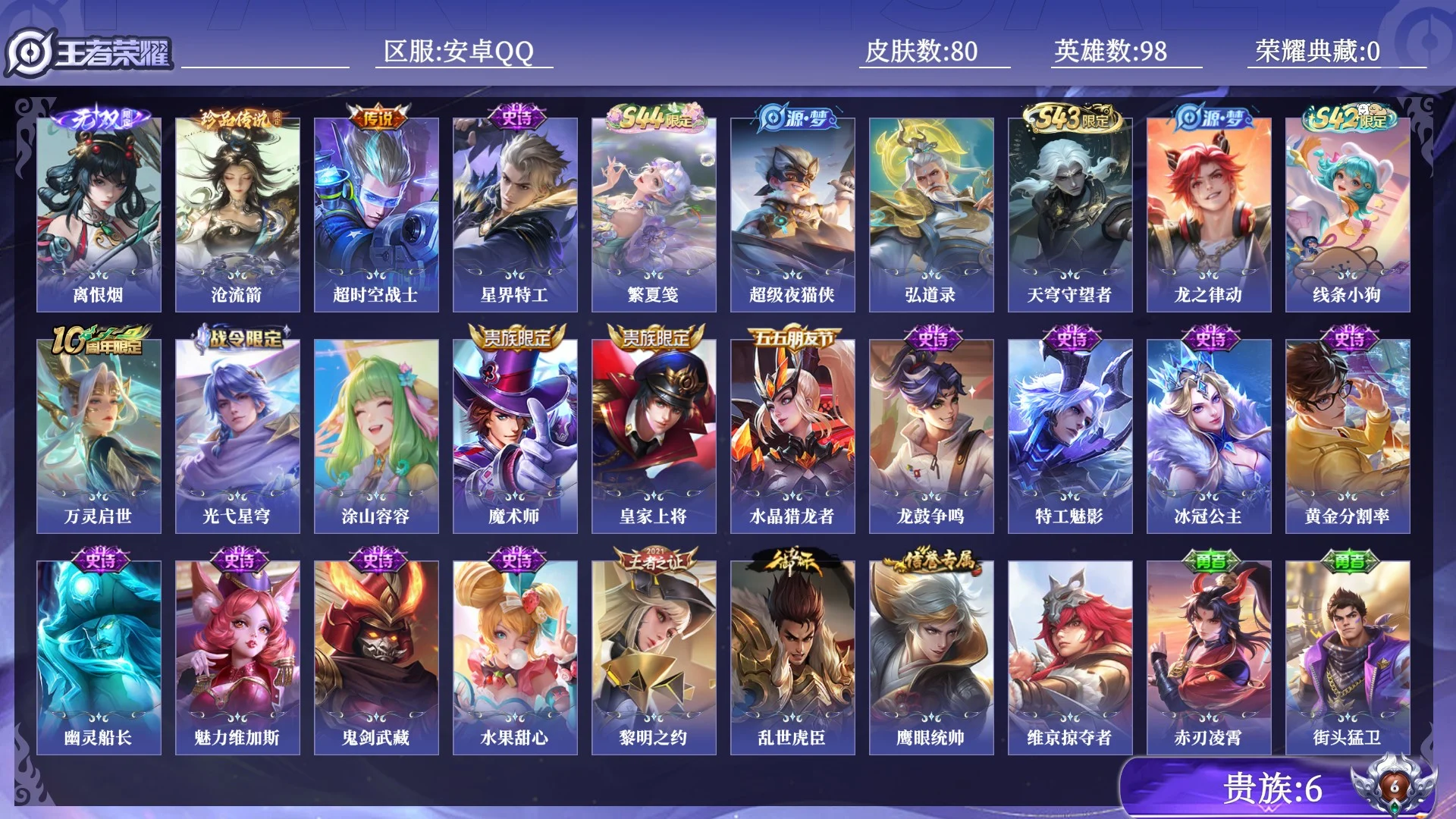 王者荣耀账号安卓QQ贵族6 无双1 珍品传说1 传说皮肤1 史诗皮肤24 皮肤数量80 皮肤价值:47264 英雄98 无双王者 总场次2777