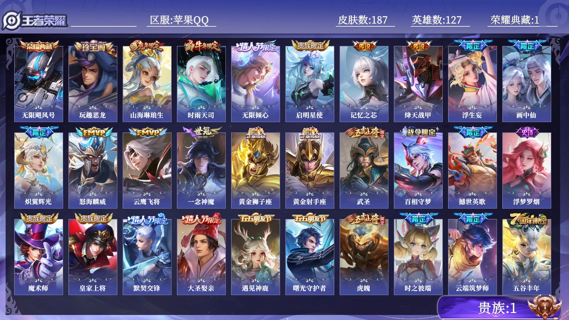 王者荣耀账号苹果QQ贵族1 荣耀典藏1 传说皮肤15 史诗皮肤48 皮肤数量187 皮肤价值:143404 英雄127 永恒钻石V 总场次5601