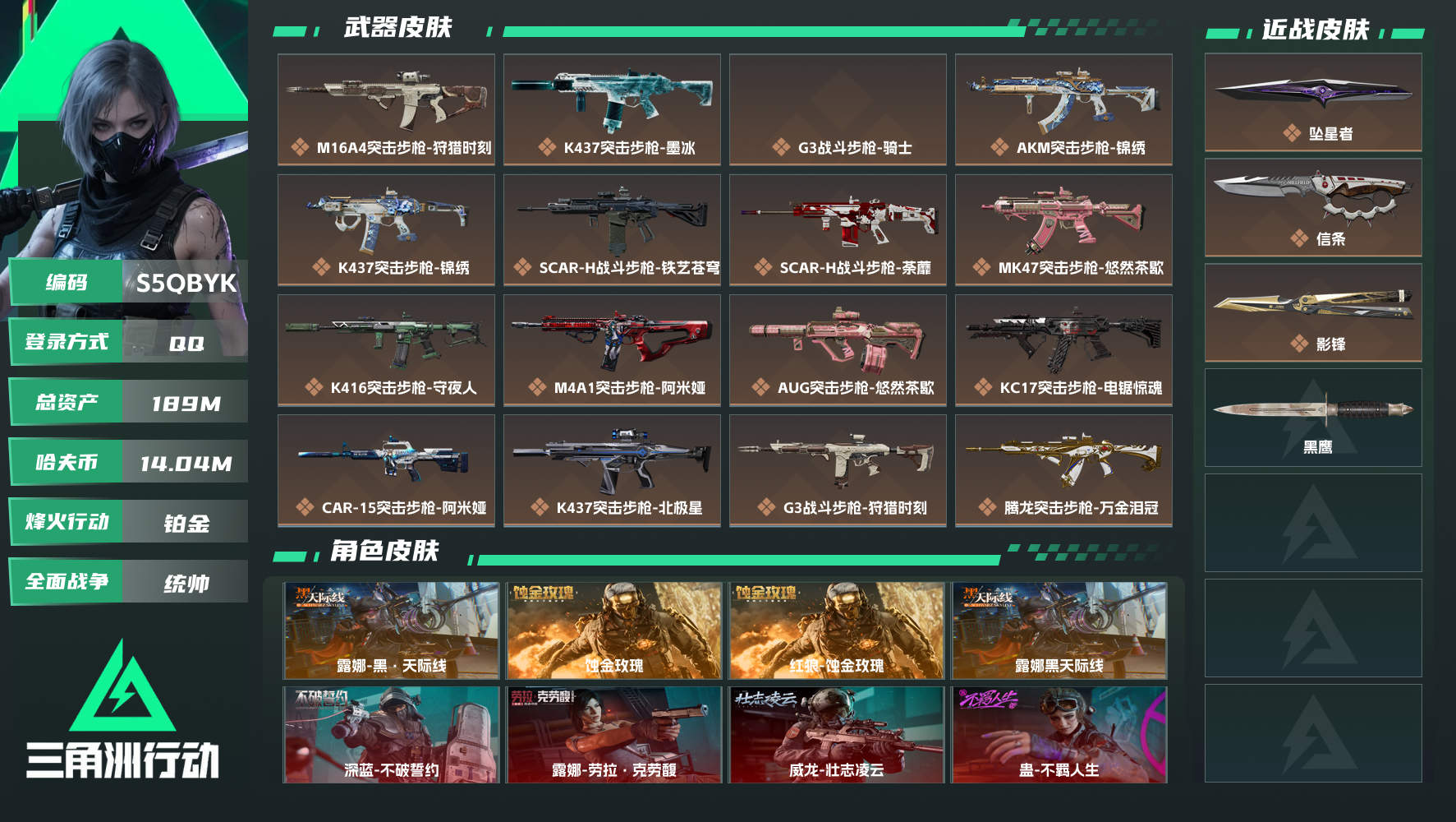 【终身售后 找回包赔】QQ包人脸，【烽火等级】：60，【总资产】：189M，【烽火段位】：铂金，【全面战场段位】：统帅，【哈夫币】：，【三角券】：98，【安全箱】：进阶安全箱，【干员皮肤】：深蓝-盾峰,无名-守夜人,露娜黑天际线,蚀金玫瑰,露娜-劳拉·克劳馥,蛊-不羁人生,露娜-金牌