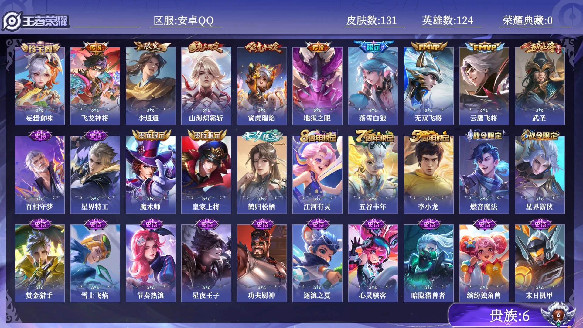王者荣耀账号安卓QQ贵族6 传说皮肤9 史诗皮肤34 皮肤数量131 皮肤价值:85028 英雄124 至尊星耀V 总场次5024