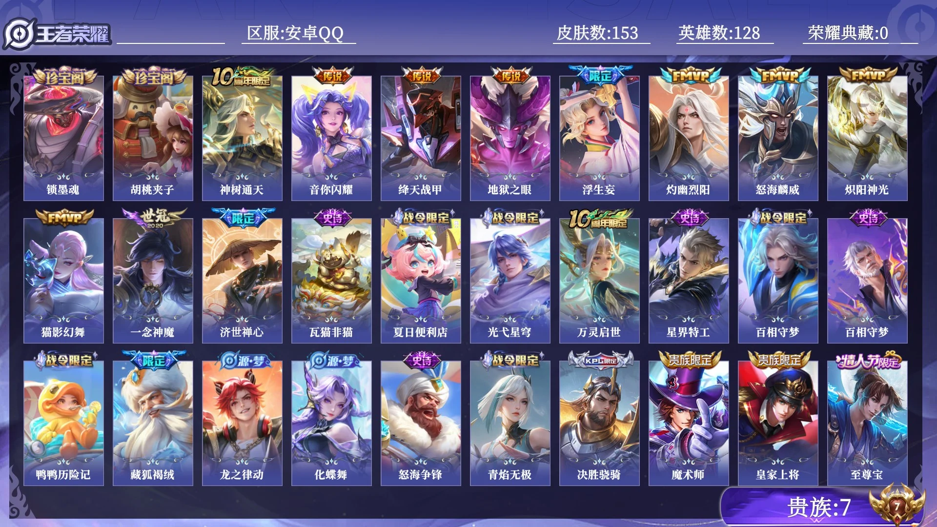 王者荣耀账号安卓QQ贵族7 传说皮肤10 史诗皮肤55 皮肤数量153 皮肤价值:112028 英雄128 荣耀黄金I 总场次3038