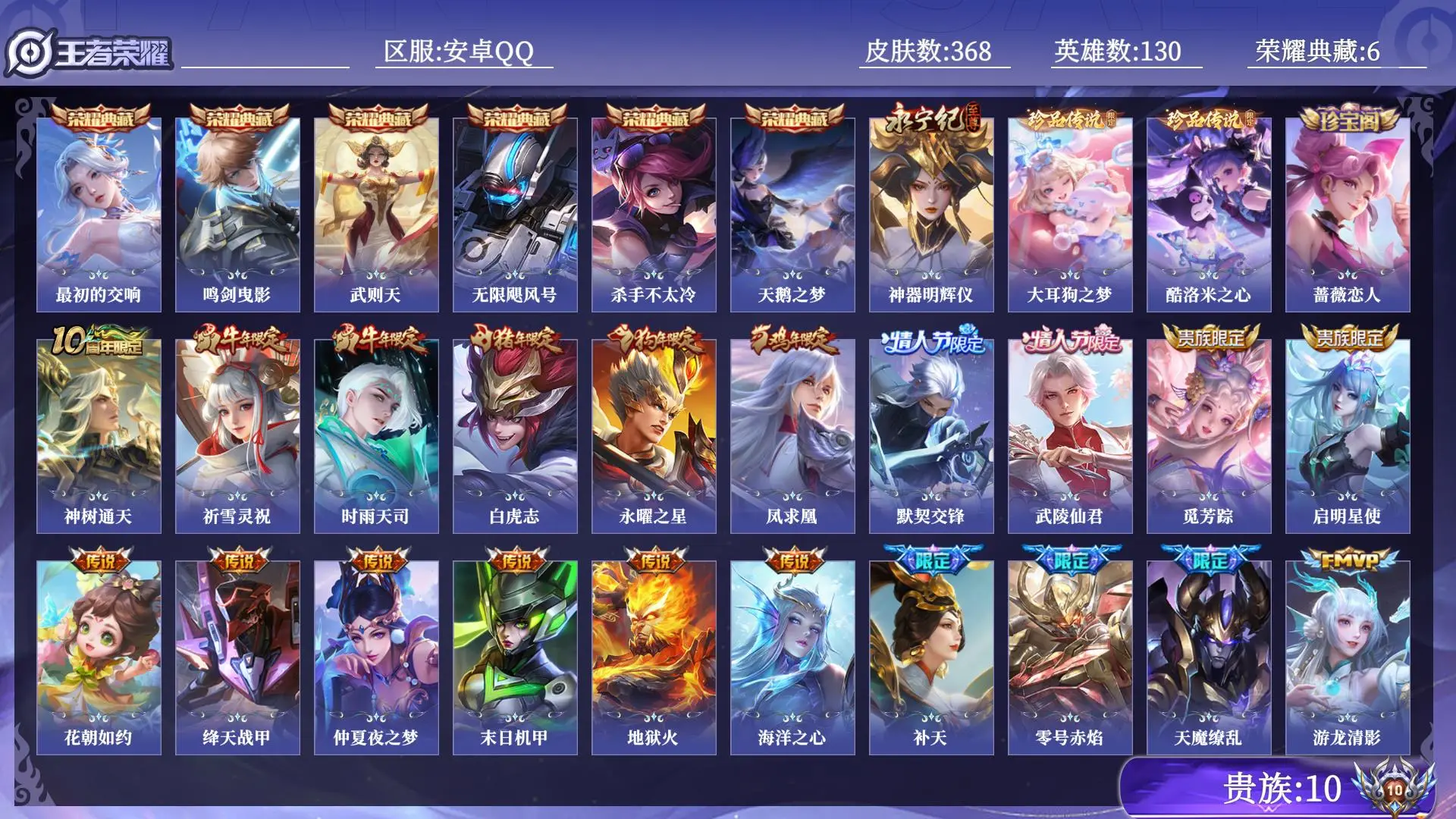 王者荣耀账号安卓QQ贵族10 荣耀典藏6 无双1 珍品传说2 传说皮肤26 史诗皮肤104 皮肤数量368 皮肤价值:337942 英雄130 至尊星耀I 总场次13704
