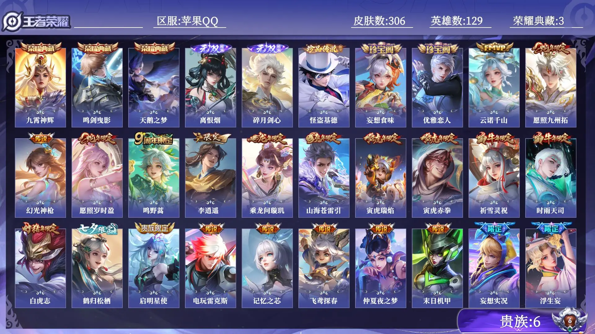 王者荣耀账号苹果QQ贵族6 荣耀典藏3 无双2 珍品传说1 传说皮肤32 史诗皮肤87 皮肤数量306 皮肤价值:282248 英雄129 最强王者 总场次5606