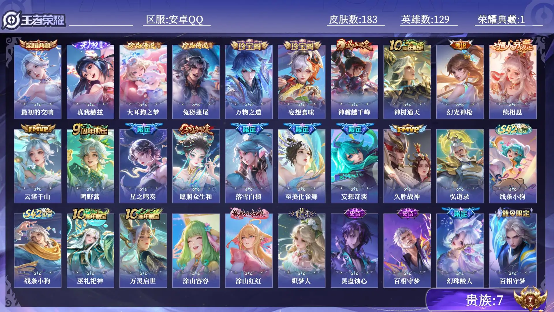 王者荣耀账号安卓QQ贵族7 荣耀典藏1 无双1 珍品传说2 传说皮肤12 史诗皮肤53 皮肤数量183 皮肤价值:139444 英雄129 至尊星耀IV 总场次3387