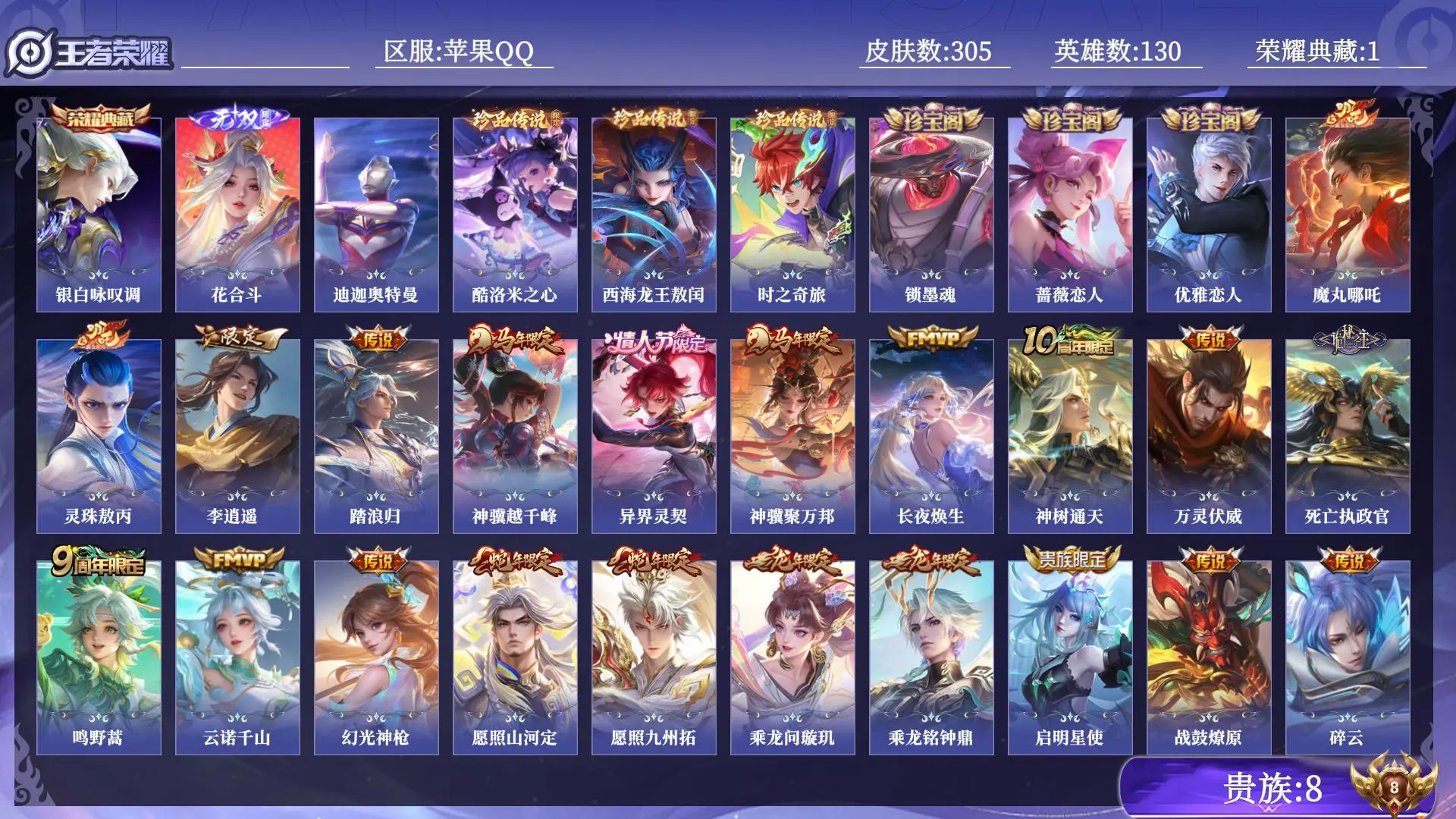 王者荣耀账号苹果QQ贵族8 荣耀典藏1 无双1 珍品传说4 传说皮肤35 史诗皮肤97 皮肤数量305 皮肤价值:256760 英雄130 永恒钻石I 总场次4014