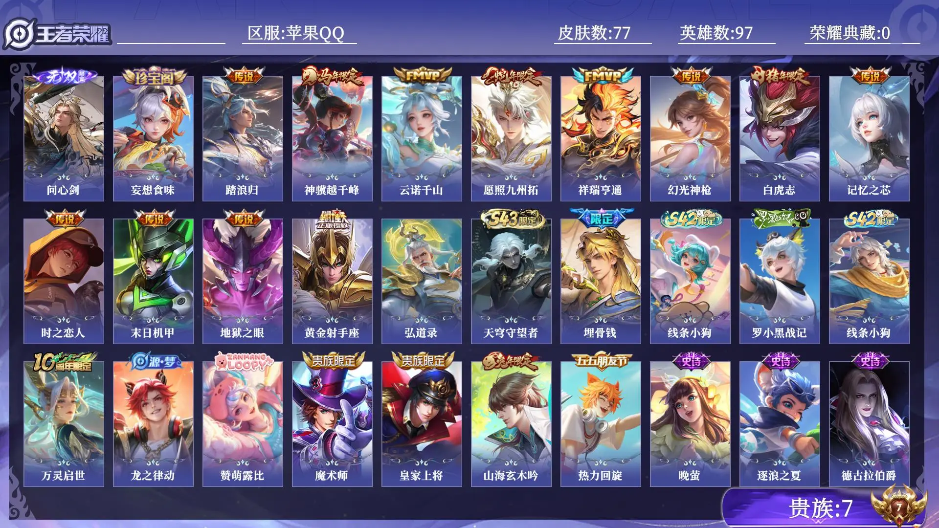 王者荣耀账号苹果QQ贵族7 无双1 传说皮肤12 史诗皮肤24 皮肤数量77 皮肤价值:59988 英雄97 非凡王者 总场次2403