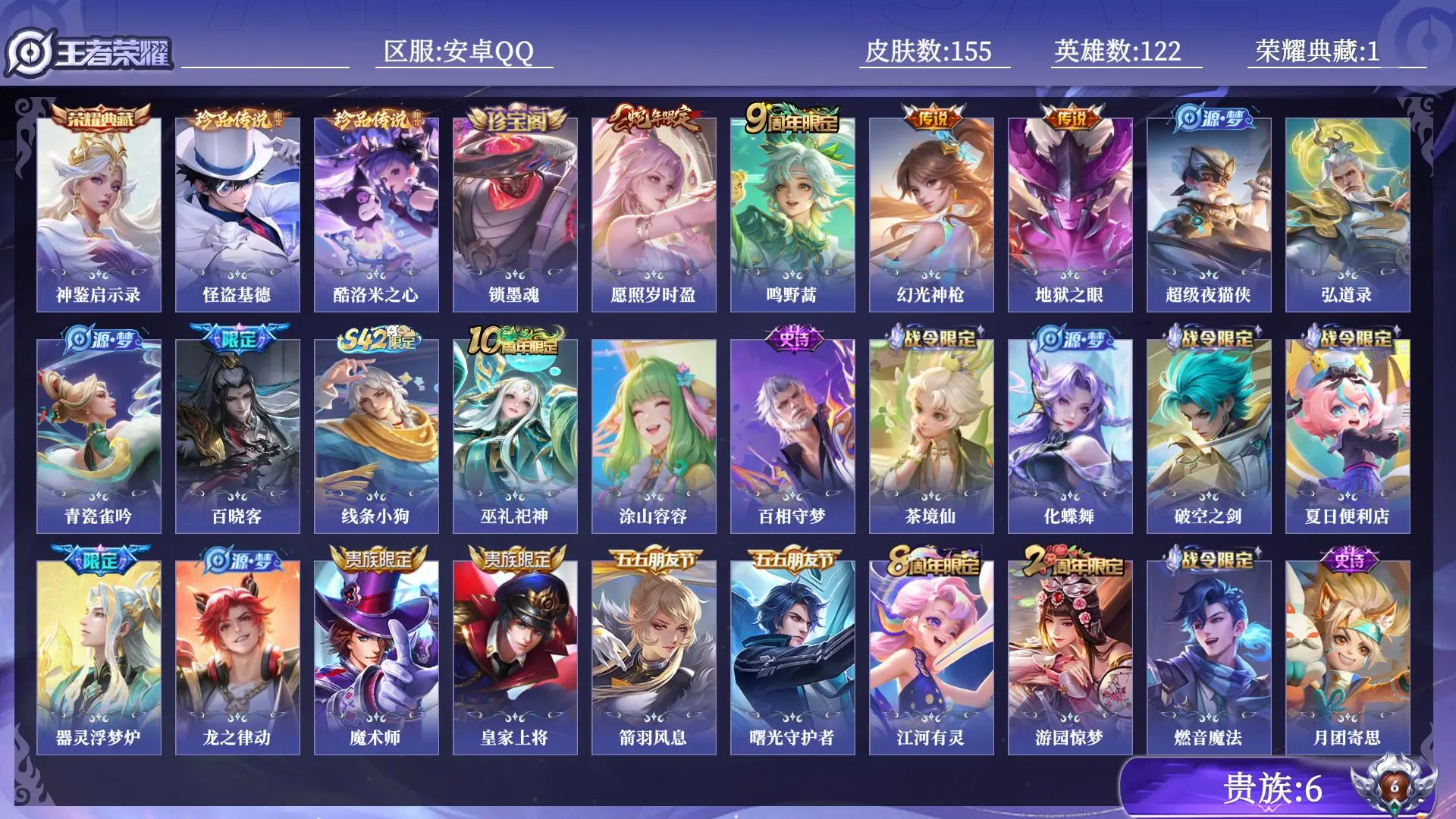 王者荣耀账号安卓QQ贵族6 荣耀典藏1 珍品传说2 传说皮肤4 史诗皮肤49 皮肤数量155 皮肤价值:115568 英雄122 至尊星耀II 总场次1375