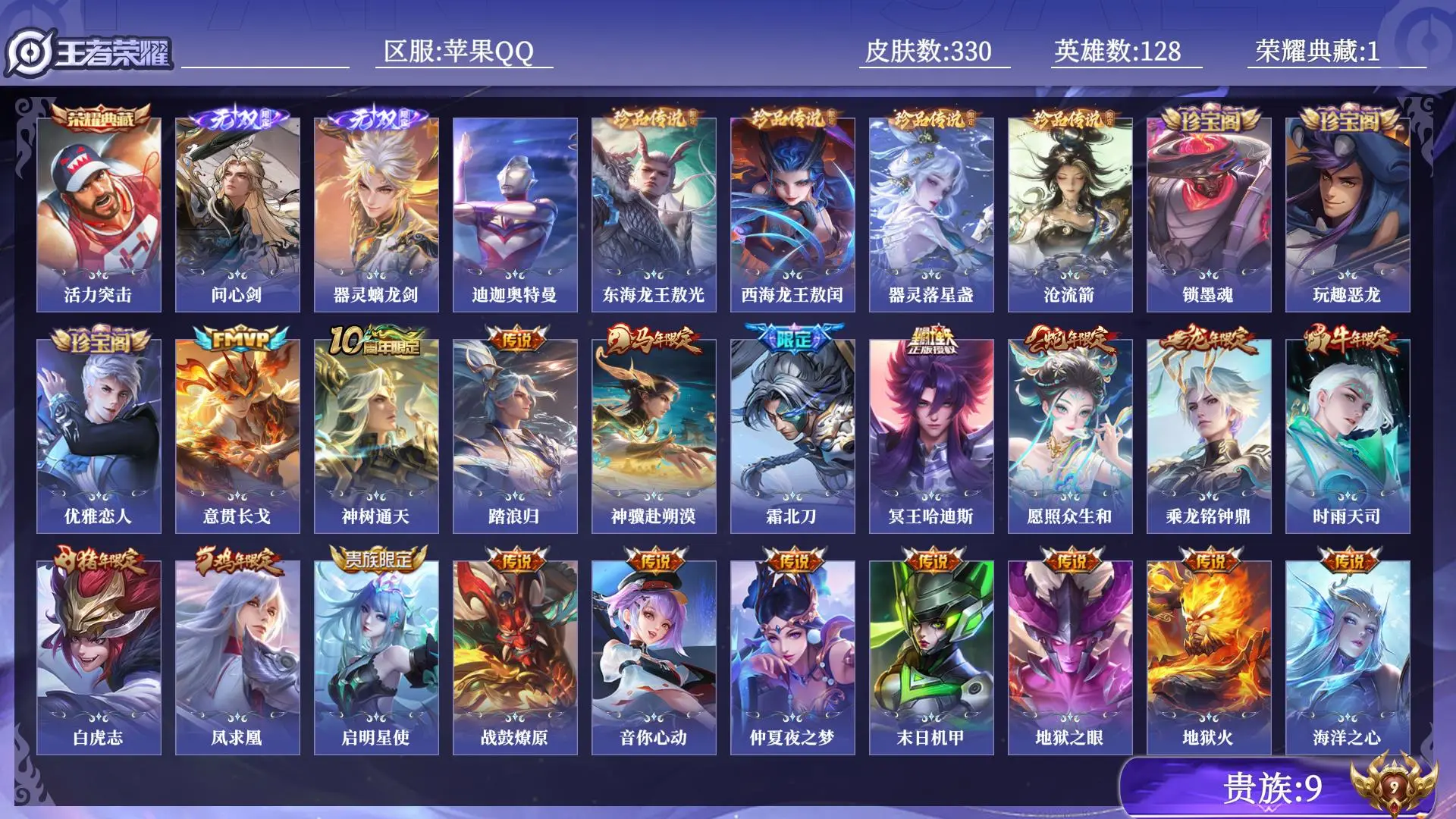 王者荣耀账号苹果QQ贵族9 荣耀典藏1 无双2 珍品传说5 传说皮肤27 史诗皮肤84 皮肤数量330 皮肤价值:248400 英雄128 永恒钻石IV 总场次8660