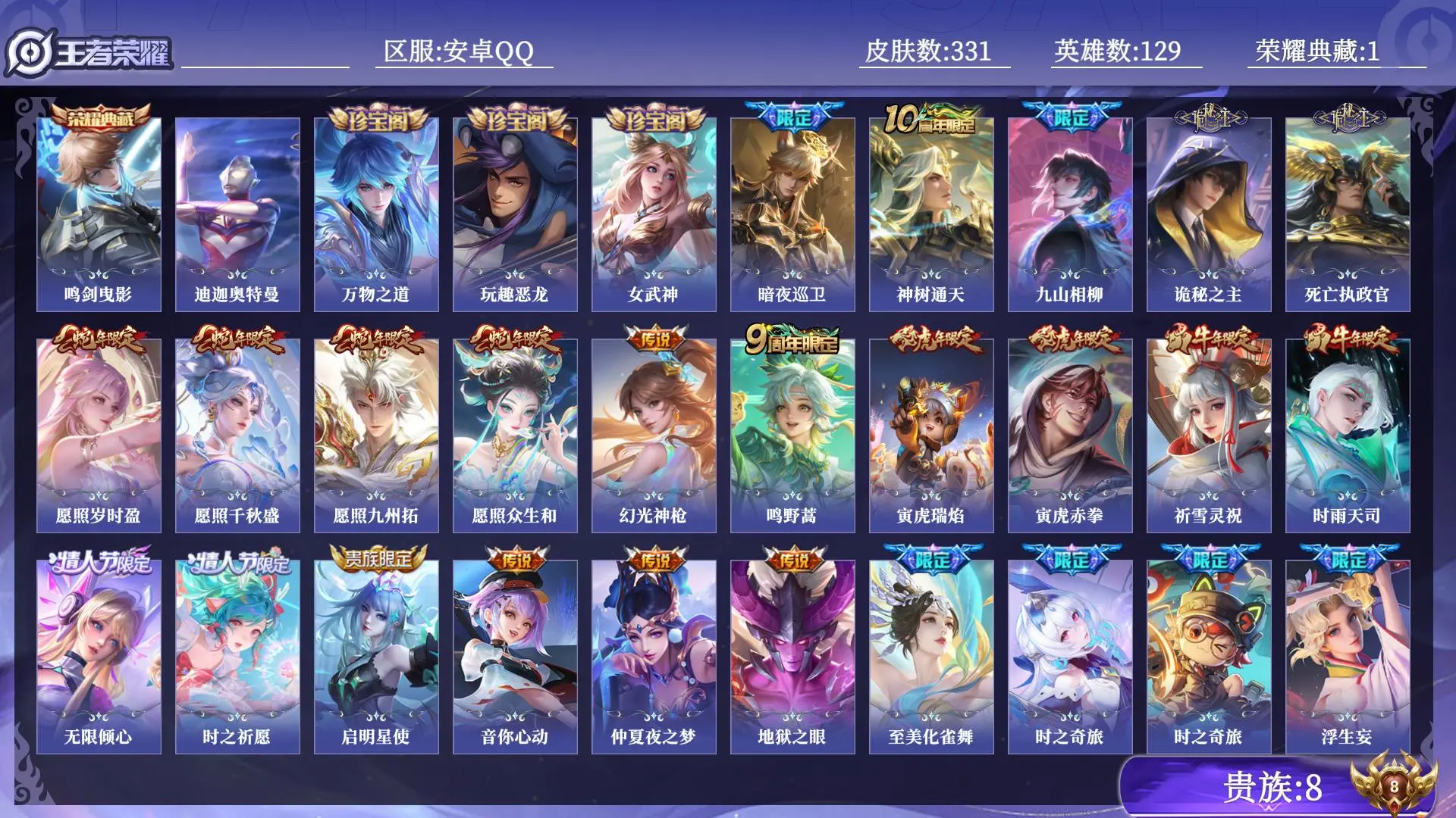 王者荣耀账号安卓QQ贵族8 荣耀典藏1 珍品传说1 传说皮肤33 史诗皮肤102 皮肤数量331 皮肤价值:266208 英雄129 最强王者 总场次7993