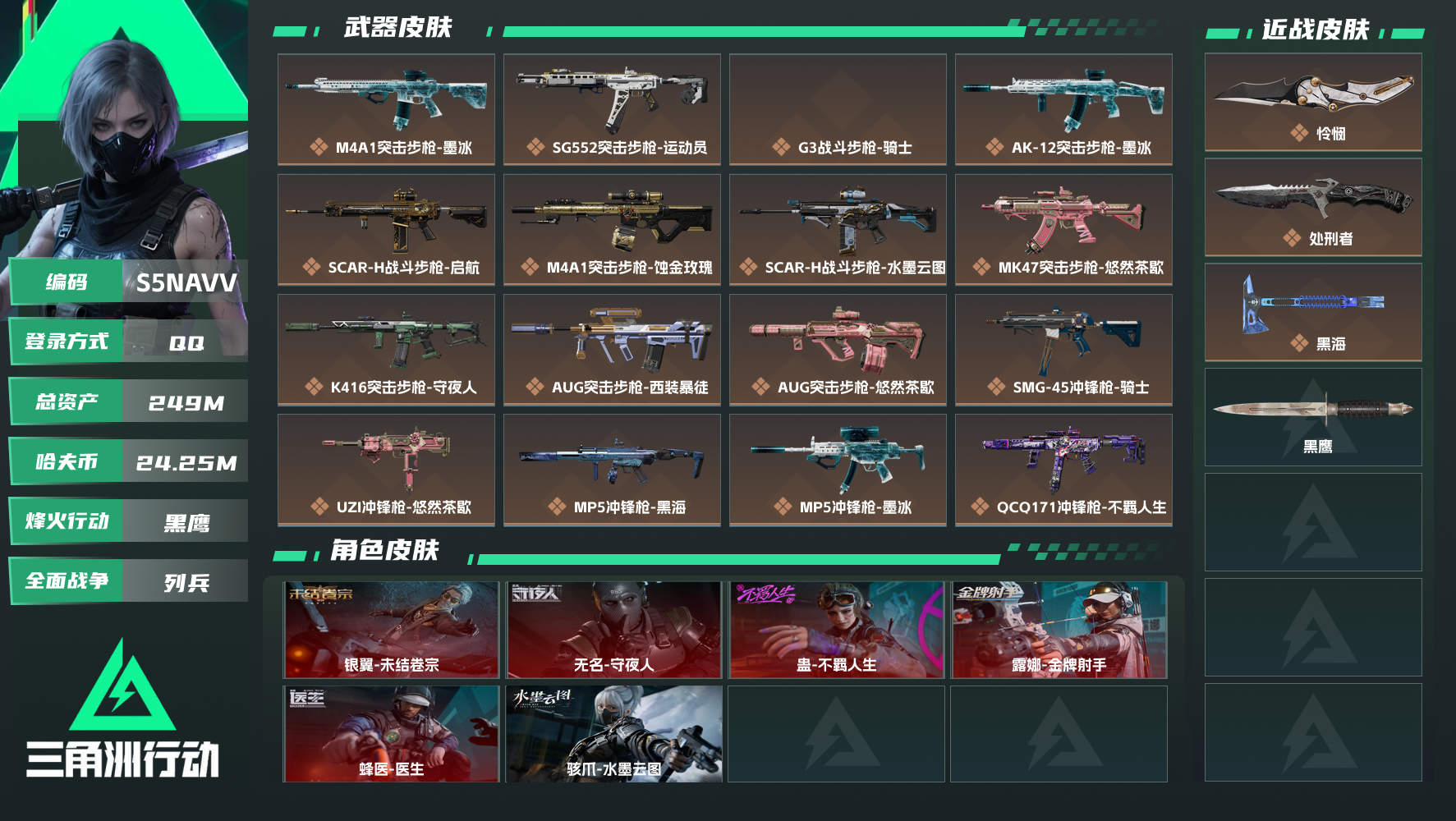 【终身售后 找回包赔】QQ包人脸，【烽火等级】：60，【总资产】：249M，【烽火段位】：黑鹰，【全面战场段位】：列兵，【哈夫币】：，【三角券】：10，【安全箱】：S10顶级安全箱，【干员皮肤】：蜂医-医生,无名-守夜人,银翼-未结卷宗,蛊-不羁人生,露娜-金牌射手,骇爪-水墨云图，