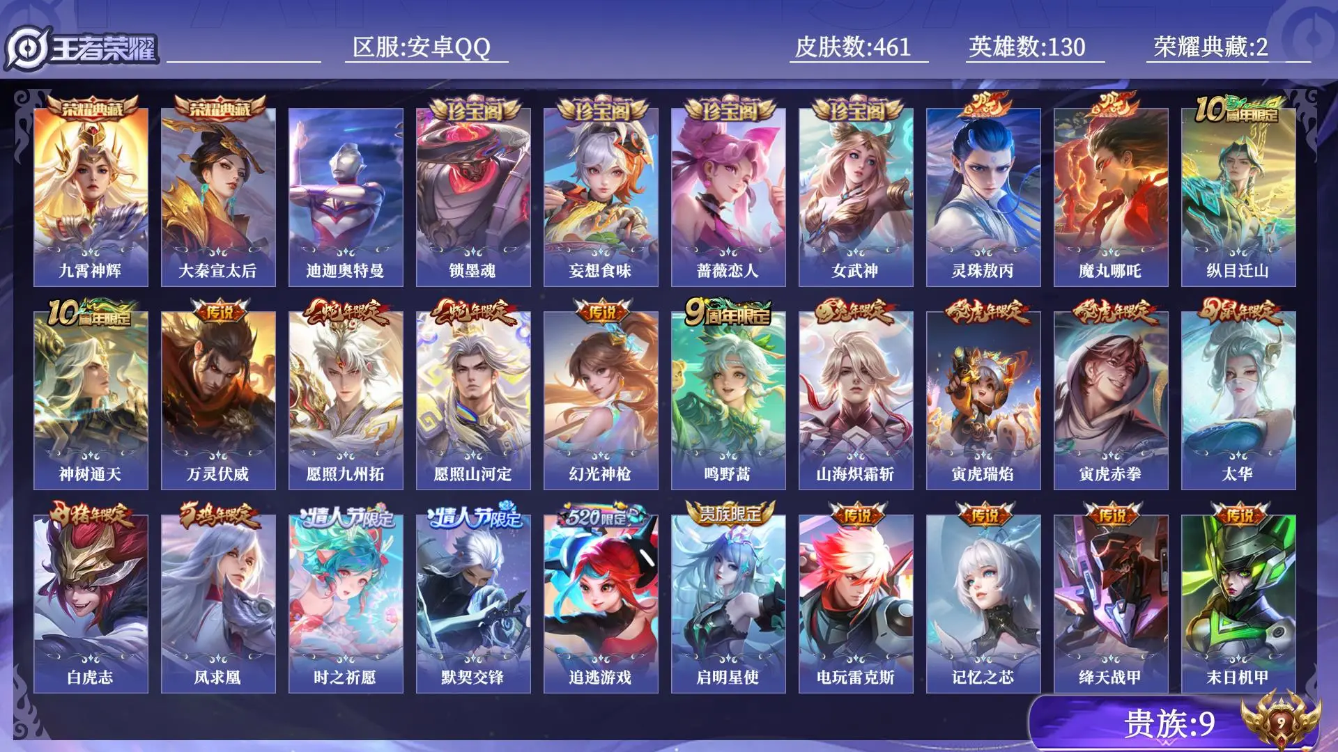 王者荣耀账号安卓QQ贵族9 荣耀典藏2 珍品传说1 传说皮肤42 史诗皮肤145 皮肤数量461 皮肤价值:373234 英雄130 最强王者 总场次22325