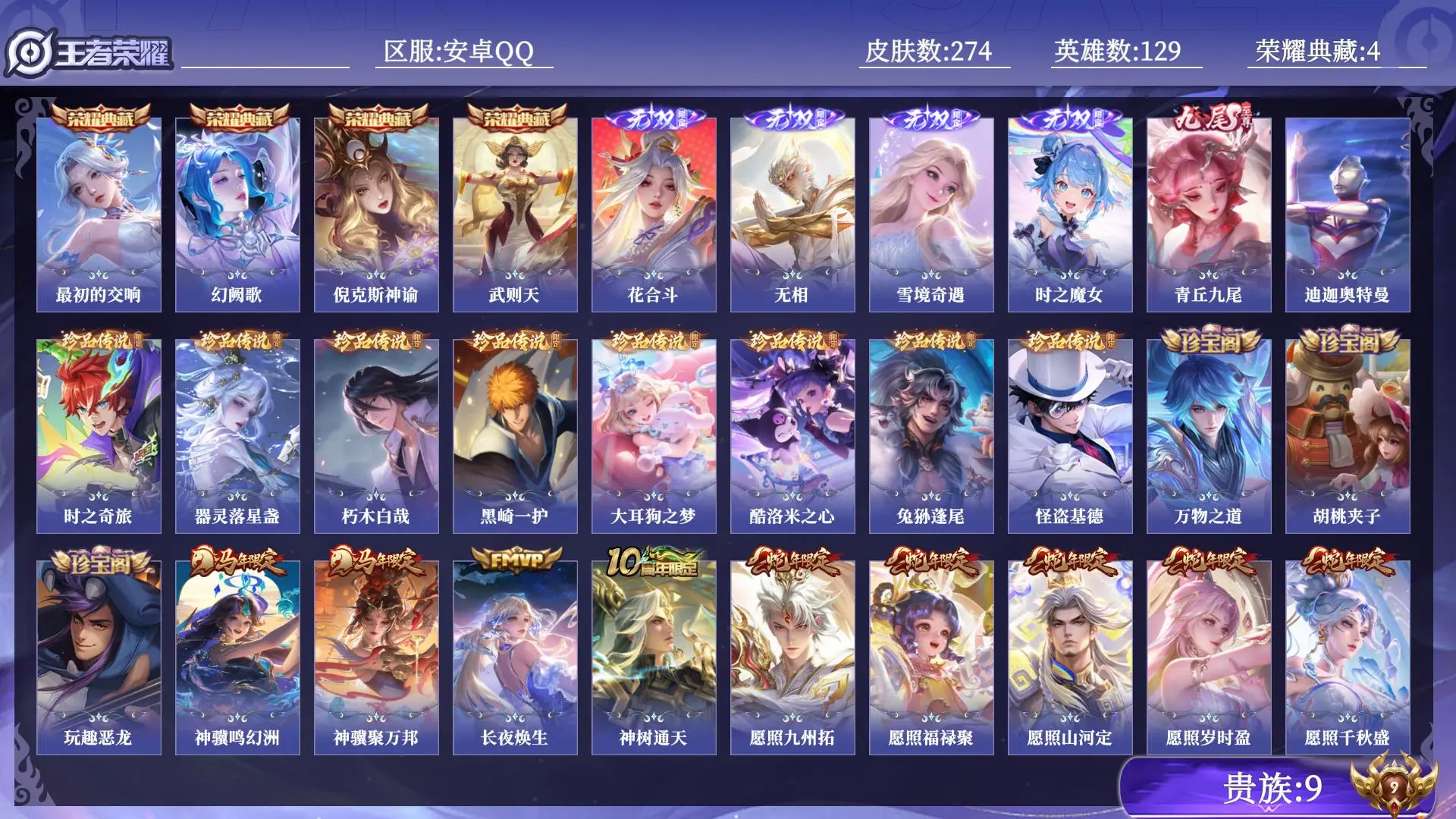 王者荣耀账号安卓QQ贵族9 荣耀典藏4 无双5 珍品传说9 传说皮肤17 史诗皮肤78 皮肤数量274 皮肤价值:230408 英雄129 非凡王者 总场次7622