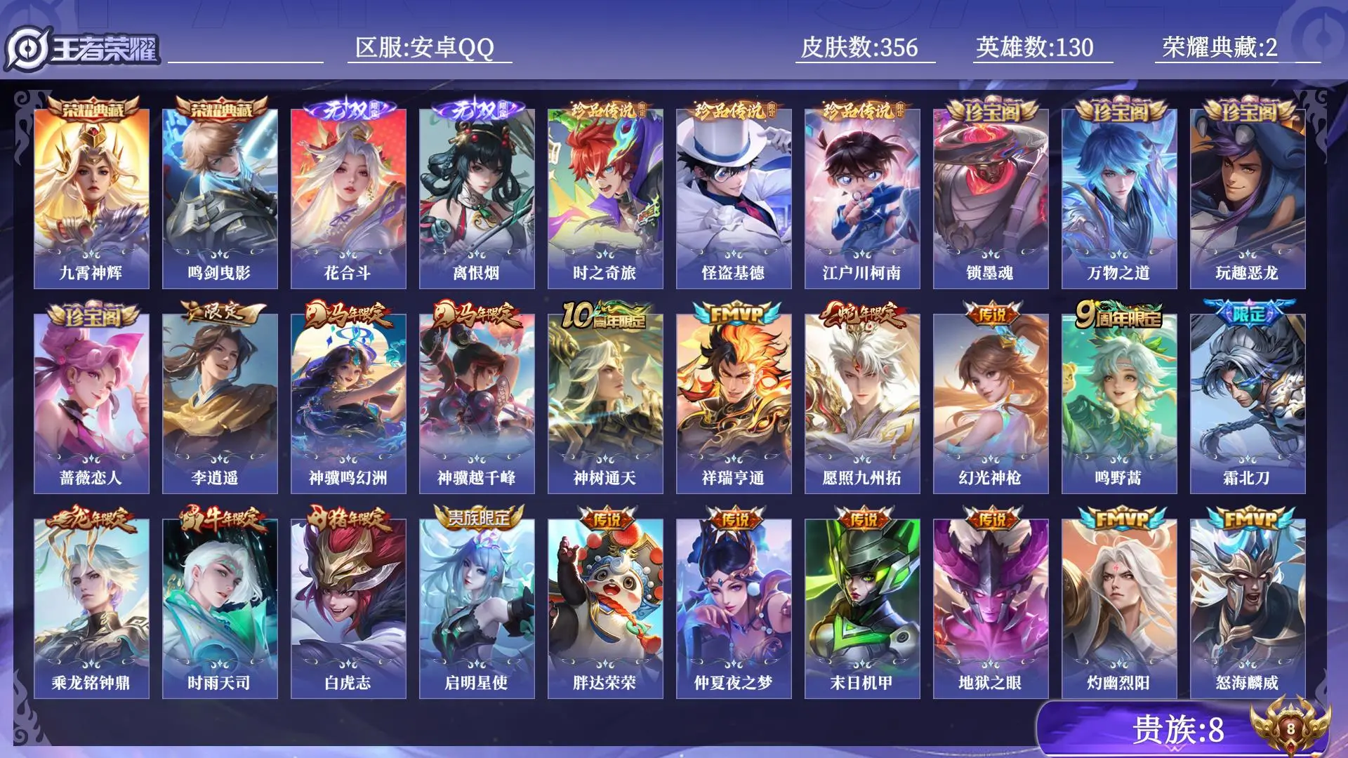 王者荣耀账号安卓QQ贵族8 荣耀典藏2 无双2 珍品传说3 传说皮肤28 史诗皮肤113 皮肤数量356 皮肤价值:297004 英雄130 无双王者 总场次8970