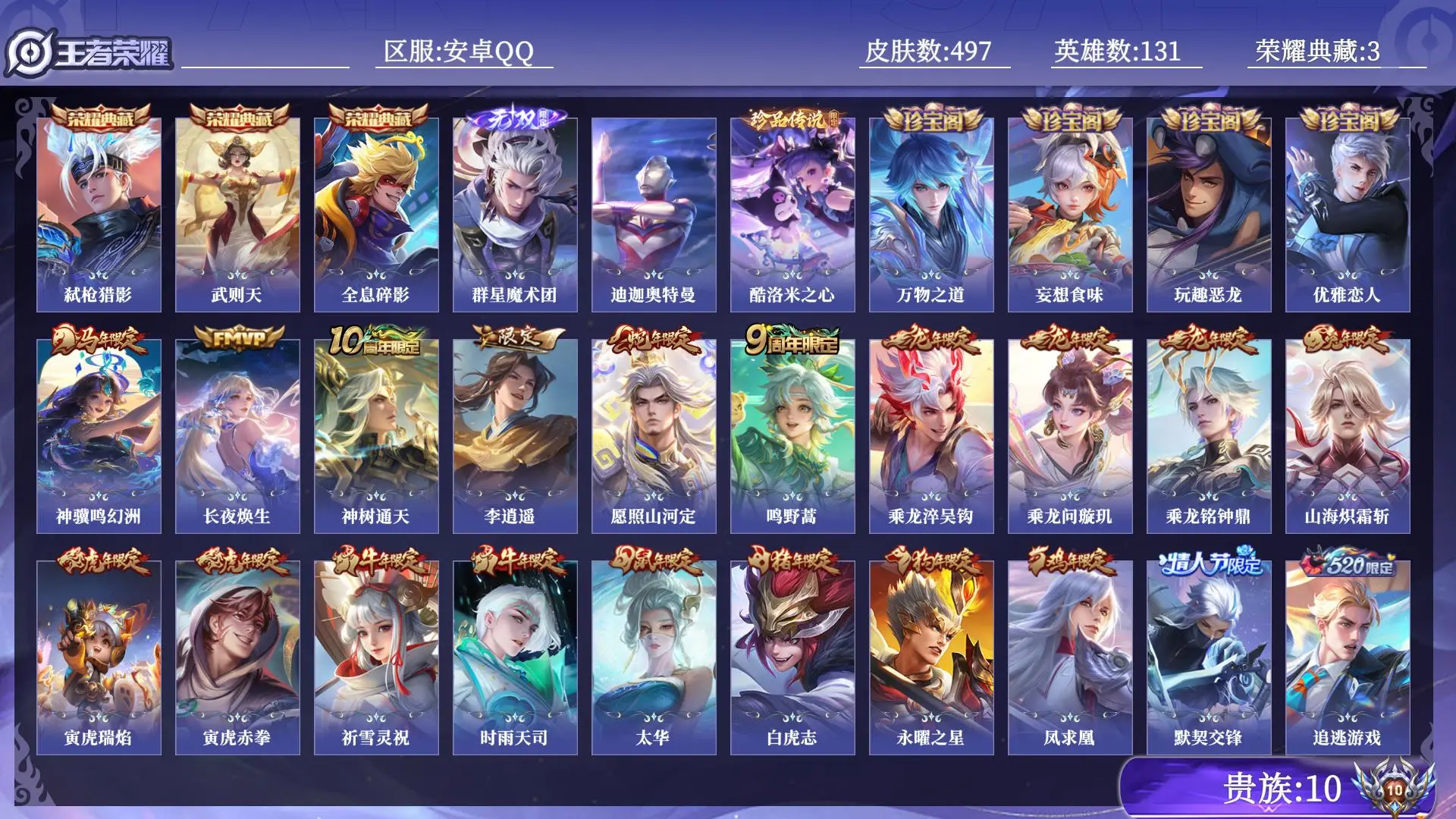 王者荣耀账号安卓QQ贵族10 荣耀典藏3 无双1 珍品传说2 传说皮肤65 史诗皮肤153 皮肤数量497 皮肤价值:423182 英雄131 至圣王者 总场次15650