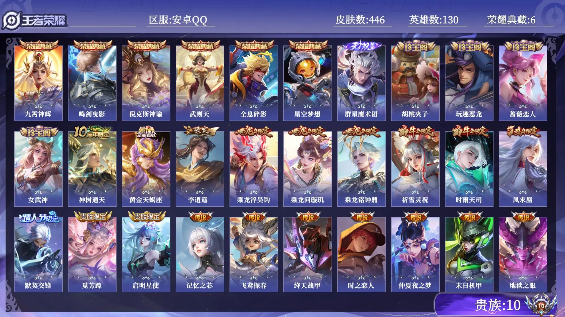 王者荣耀账号安卓QQ贵族10 荣耀典藏6 无双1 传说皮肤40 史诗皮肤132 皮肤数量446 皮肤价值:417178 英雄130 至尊星耀III 总场次23194