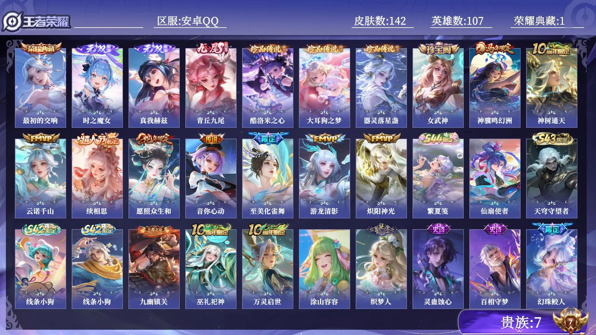 王者荣耀账号安卓QQ贵族7 荣耀典藏1 无双3 珍品传说3 传说皮肤9 史诗皮肤42 皮肤数量142 皮肤价值:112172 英雄107 无双王者 总场次4655