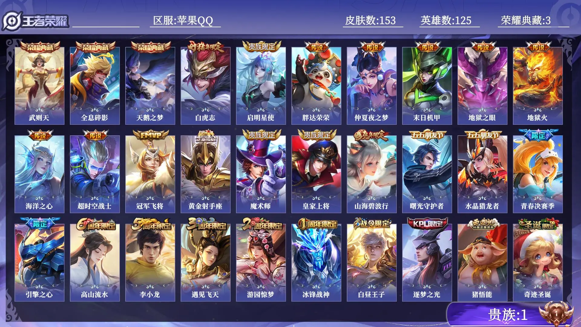 王者荣耀账号苹果QQ贵族1 荣耀典藏3 传说皮肤11 史诗皮肤36 皮肤数量153 皮肤价值:133676 英雄125 尊贵铂金IV 总场次3812