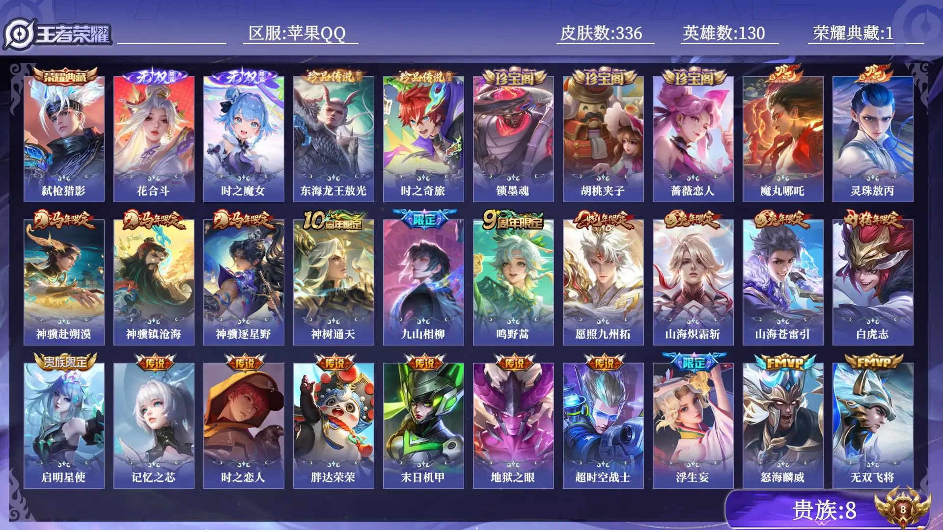 王者荣耀账号苹果QQ贵族8 荣耀典藏1 无双2 珍品传说2 传说皮肤27 史诗皮肤111 皮肤数量336 皮肤价值:268048 英雄130 至尊星耀I 总场次6782
