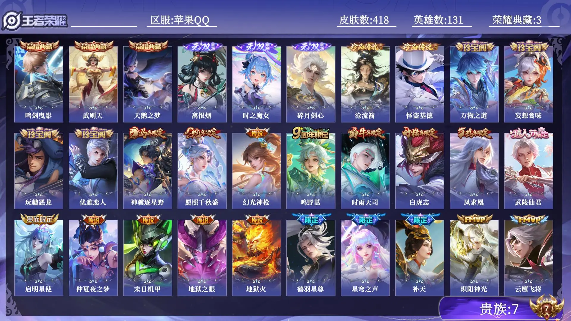 王者荣耀账号苹果QQ贵族7 荣耀典藏3 无双3 珍品传说2 传说皮肤23 史诗皮肤114 皮肤数量418 皮肤价值:313726 英雄131 荣耀王者 总场次10878