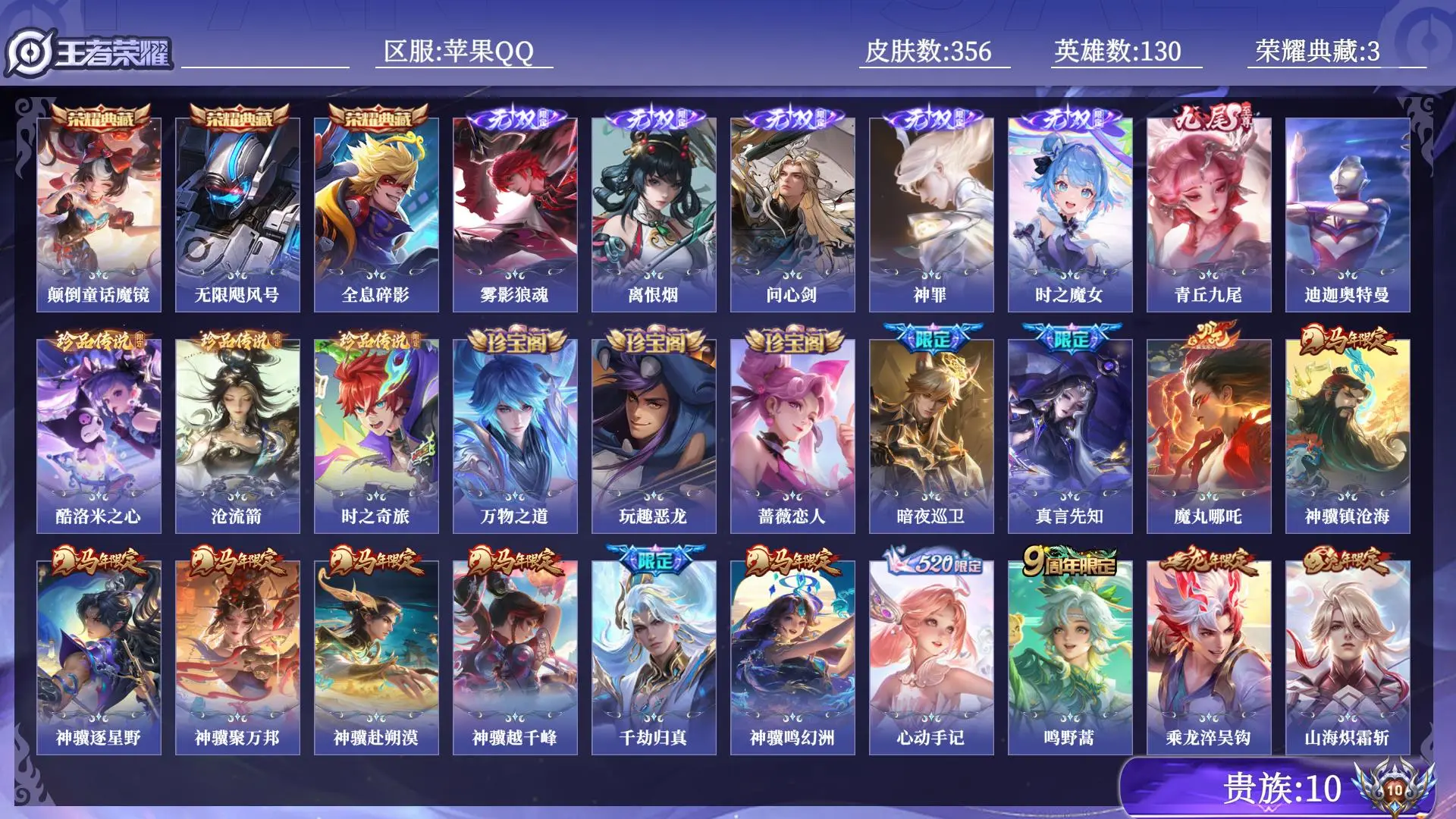 王者荣耀账号苹果QQ贵族10 荣耀典藏3 无双6 珍品传说4 传说皮肤26 史诗皮肤102 皮肤数量356 皮肤价值:291120 英雄130 最强王者 总场次10745