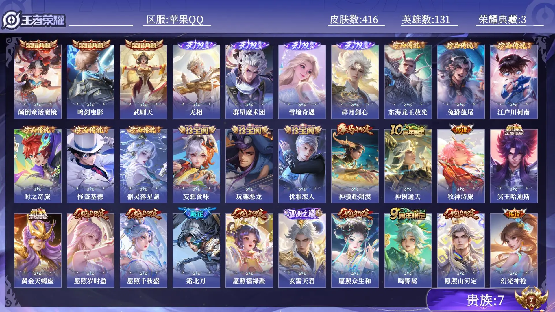 王者荣耀账号苹果QQ贵族7 荣耀典藏3 无双4 珍品传说6 传说皮肤41 史诗皮肤104 皮肤数量416 皮肤价值:329200 英雄131 至尊星耀III 总场次8256